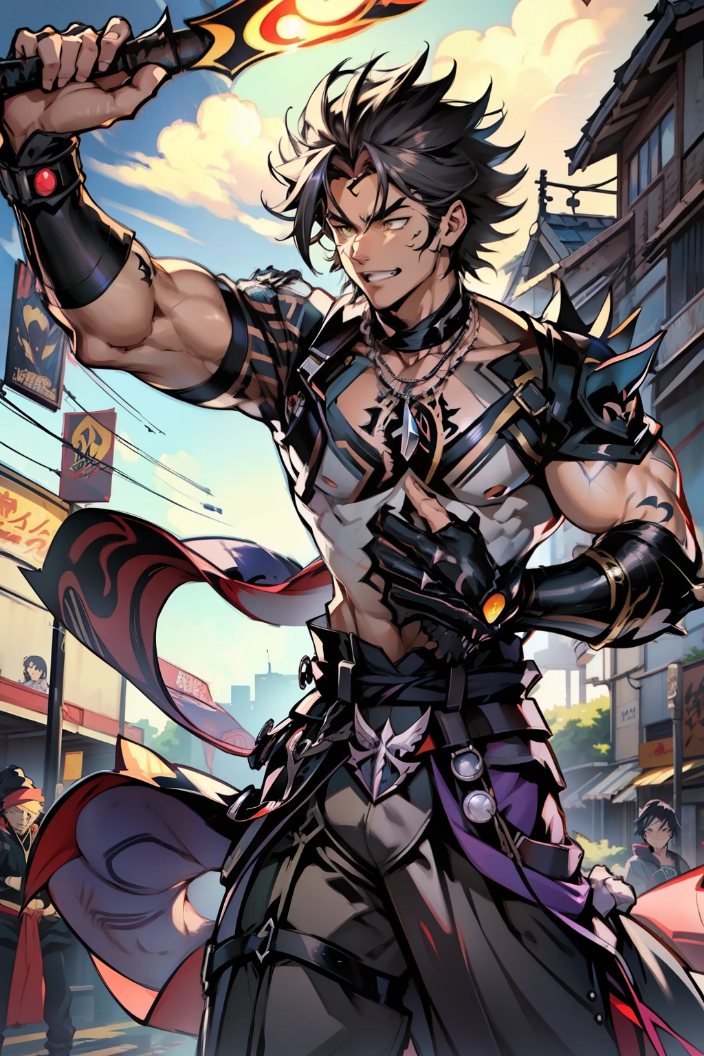《the original god》Arataki Kazuto , male people,,((Masterpiece)), ((Best quality)), Ultra detailed,((illustration)), Dynamic Angle, Detailed light, (Delicate eyes), Floating, 1boy, Male focus, Head, Clothing, Yellow eyes, necklace, tattoo, (Forehead:0.8), (ahoge:0.8), jewelry, apathy,Ray, chest muscle, Sexy , Venom symbiote for your body, Black mucus of the body , (into venom), Venom,frontage,style of anime4 K, 4K anime wallpaper, Badass anime 8 K, 4 k comic wallpaper, young anime man, Anime boys, Anime wallpapers 4 k, Anime wallpaper 4K, High quality anime art style, Anime moe art style, Anime art wallpaper 8 K, Anime art wallpaper 4 K, RGB lighting