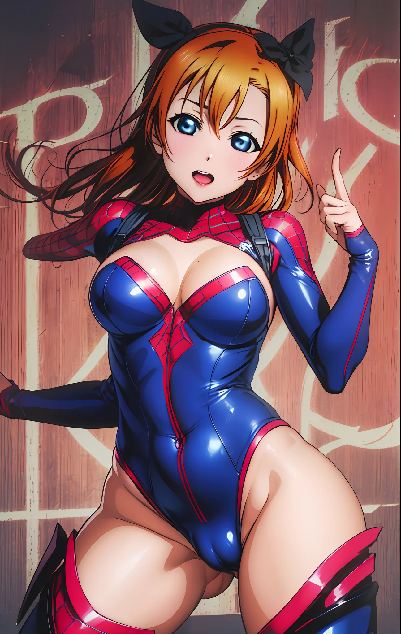 love live!, kousaka honoka,(beautiful detailed blue eyes), (best quality), (ultra-detailed), (masterpiece), solo, (dynamic pose), 1 girl , open legs, sexual arousal, sexual expression, shiny skin., (camel toe), big eyes, anime, bodysuit, Spiderman custom, cleavage