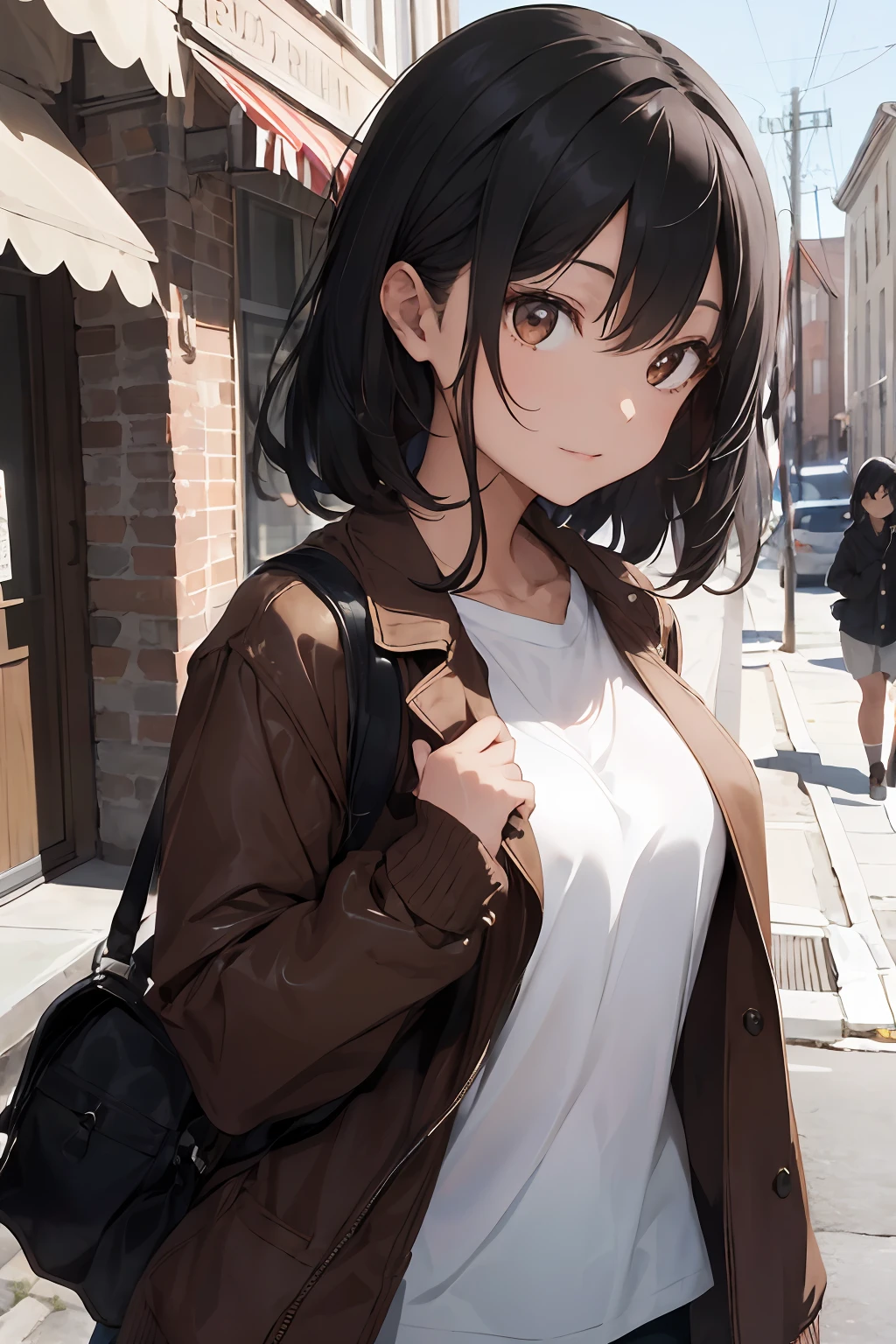 "1 girl with enchanting black hair, wearing a stylish brown jacket over a crisp white shirt, radiating beauty and captivating charm."