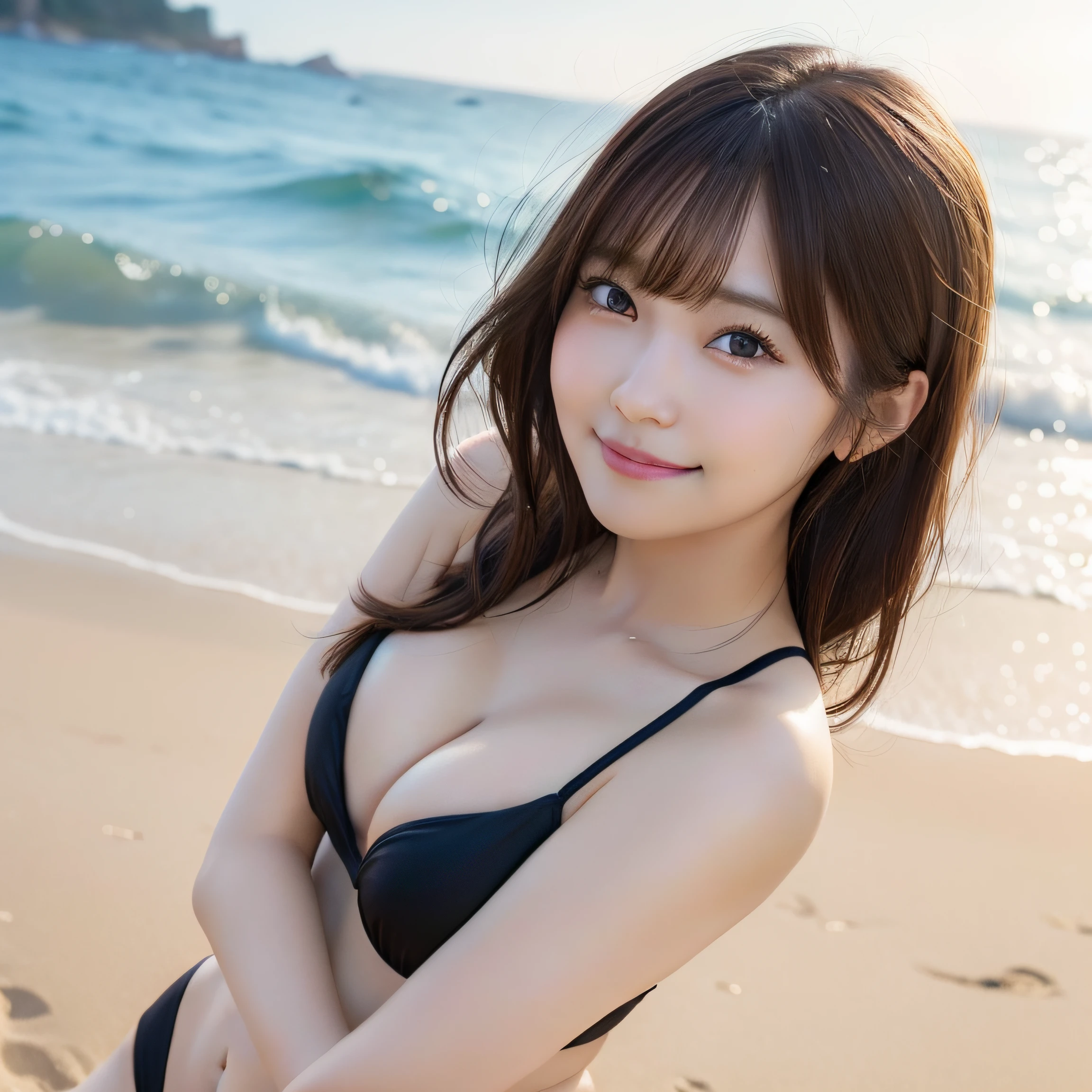 8K,Best Quality, 超A high resolution, (Photorealistic:1.4),masterpiece:1.3, Raw photo, (From the waist to the top:1.6, From Side:0.7)、thighs thighs thighs thighs、 sea side:1.3, sand beach:1.1, 1日本人の女の子, Cute,natural skin textures:1.1, realistic eyes and face details:1.2, (Solo:1.6), (Shy smile), Smooth skin, (Brown medium hair,Bangs), (touch hair:1.4)、nogizaka、Colorful swimsuit、The bikini、Beautiful black eyes:1.3、Woman in bikini posing on the beach, Beautuful Women、 (Background is blurry:1.4)、crossed arms、ample