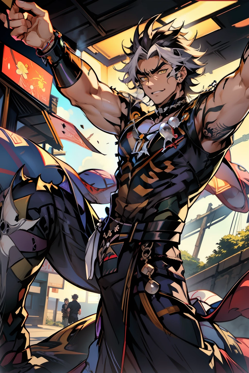 《the original god》Arataki Kazuto , male people，，((Masterpiece)), ((Best quality)), Ultra detailed,((illustration)), Dynamic Angle, Detailed light, (Delicate eyes), Floating, 1boy, Male focus, Head, Clothing, Yellow eyes, necklace, tattoo, (Forehead:0.8), (ahoge:0.8), jewelry, apathy，Ray， chest muscle， Sexy , Venom symbiote for your body, Black mucus of the body , （into venom）, Venom，frontage，style of anime4 K， 4K anime wallpaper， Badass anime 8 K， 4 k comic wallpaper， young anime man， Anime boys， Anime wallpapers 4 k， Anime wallpaper 4K， High quality anime art style， Anime moe art style， Anime art wallpaper 8 K， Anime art wallpaper 4 K， RGB lighting