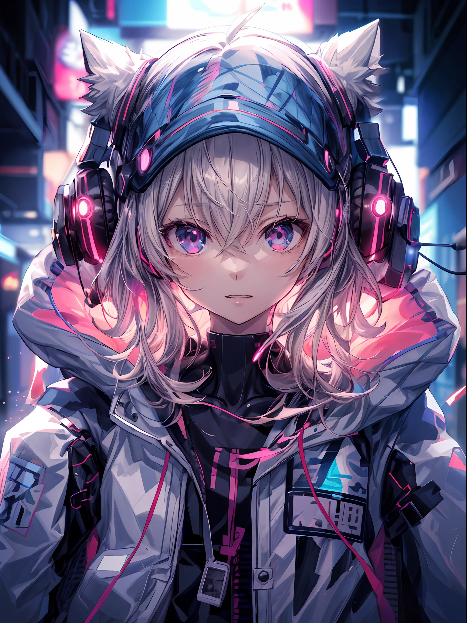 a girl with headphones and a jacket is standing in the dark, best anime 4k konachan wallpaper, anime style 4 k, nightcore, cyberpunk anime girl in hoodie, portrait anime space cadet girl, detailed digital anime art, anime mecha aesthetic, digital cyberpunk anime art, cyberpunk anime girl, anime vibes, anime wallpaper 4k, digital cyberpunk - anime art