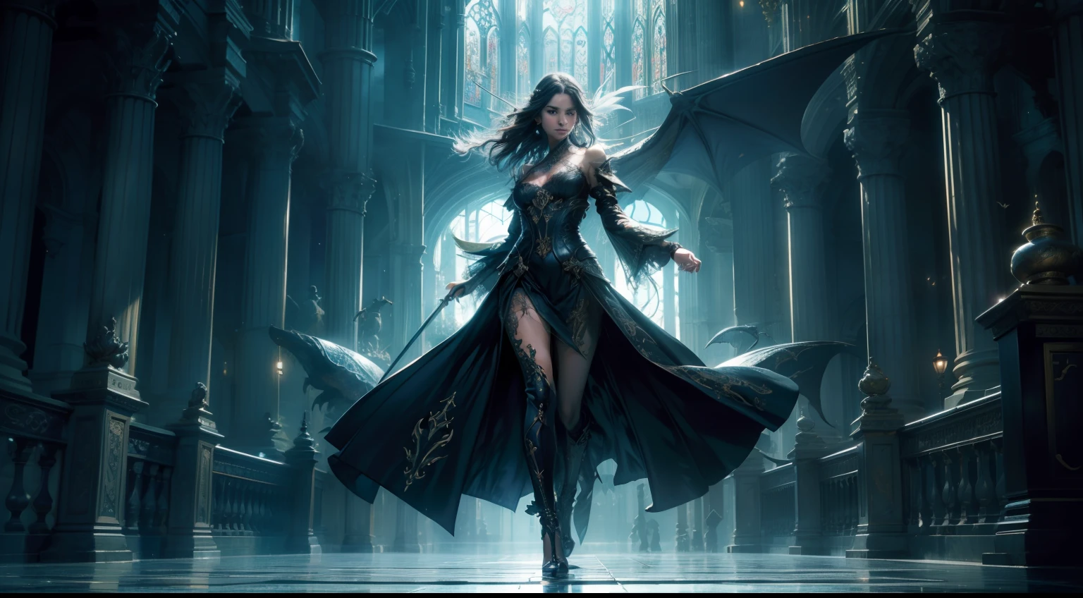 (Masterpiece:1.21), (Best quality:1.331), ((Ultra-detailed)), ((Excellente illustration)), ((Amazing)), (hyper qualit), Des graphismes magnifiques et riches, (extremely delicate and beautiful:1.21), 8k, The wallpaper, (Extremely beautiful lighting), hard light, delicate composition, (Positionnement parfait), (Extremely beautiful and detailed background:1.21), Expression of light and shadow à la Rembrandt, ton sombre, (Bass setting, High differential color levels), ((profondeur de champ)), deepshadow, Flou radial, Pluie, (The background is blurred), (1 female demon),(beautiful detailed  eyes), Ailes noires，Corne de dragon porte caftan marocain qui couvre tout son corps Armure en cuir complexe，glowing sword，The background is the city on fire