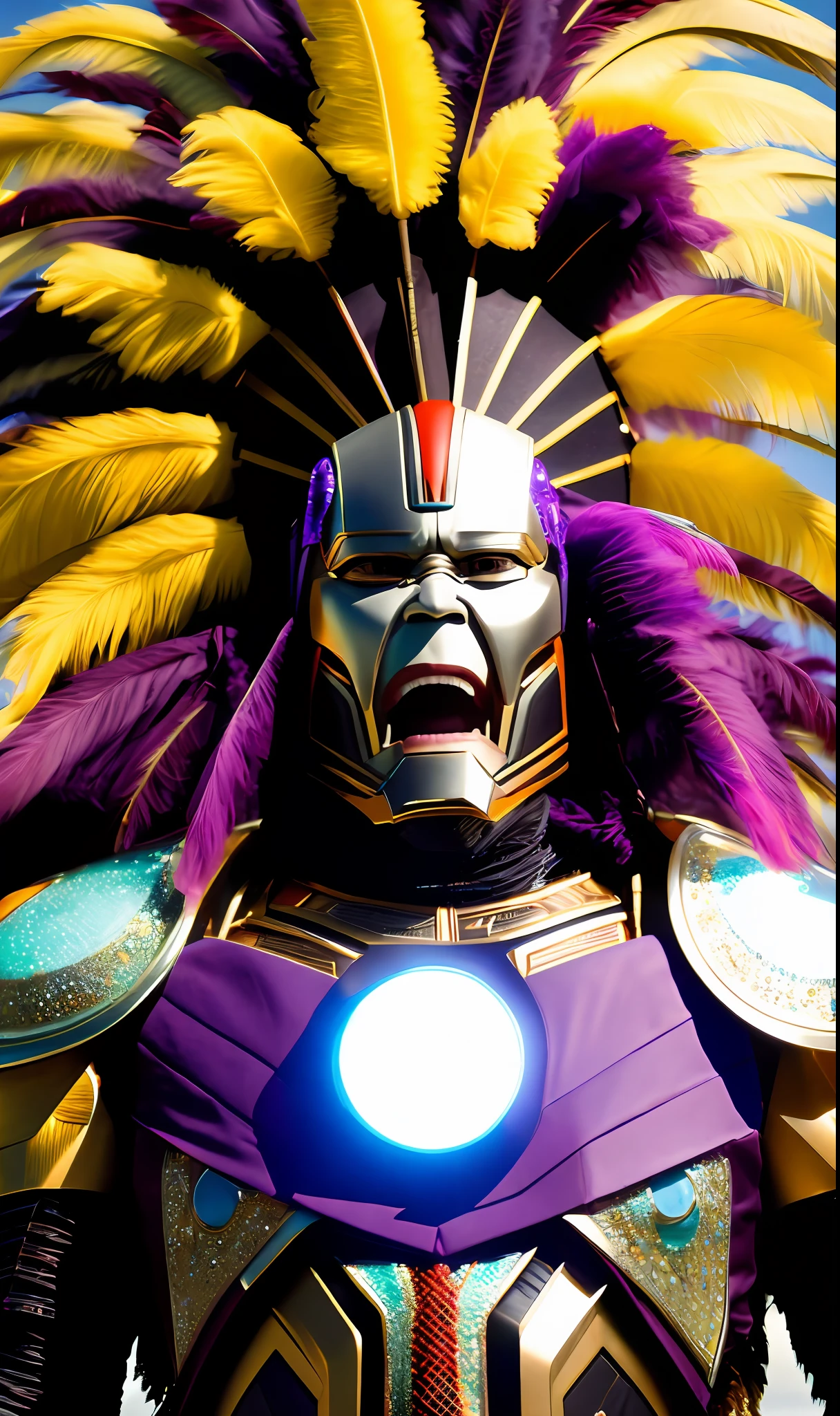 IRONMAN with light eyes screams "I AM THE BIG CHIEF" while wearing an elaborate diverse colorful feathered costume, analog photo, muted saturation, celebration, carnival, picture taken with Sony - Cinema Line FX30 Super 35 Camera, CHV3CBigChief, black and purple color scheme, fixed in post, color corrected, Professional, masterpiece, commissioned, best quality, Color Corrected, fixed in post