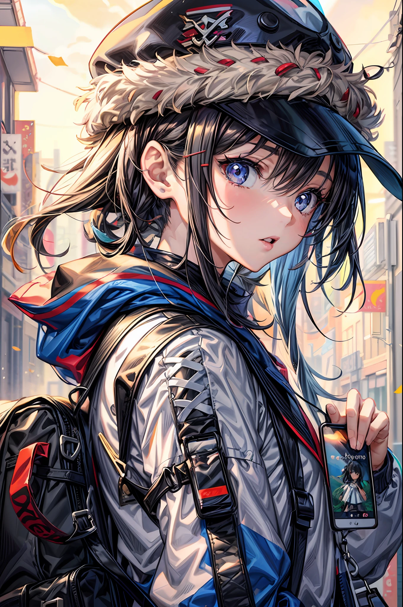 anime girl with a backpack and cell phone in her hand, detailed anime character art, anime style 4 k, clean detailed anime art, detailed portrait of anime girl, detailed key anime art, detailed digital anime art, detailed anime artwork, best anime 4k konachan wallpaper, anime visual of a cute girl, anime style artwork, high detailed official artwork
