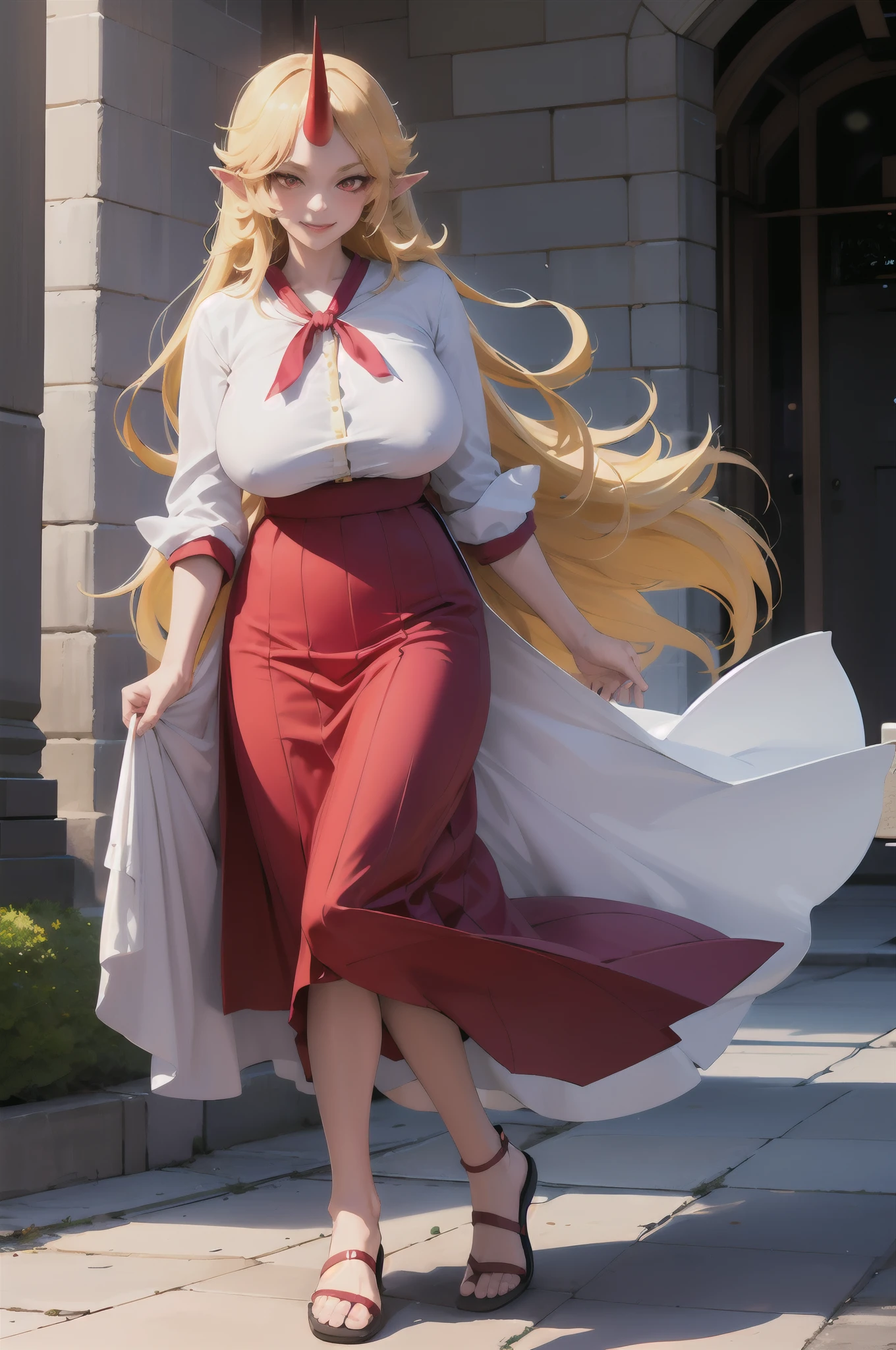 hoshiguma yuugi,1girl,single horn, pointy ears, blonde hair, long hair,yellow eyes,s ,white shirt,skirt,, muscle girl, huge breast,walking, single horn, long skirt, flip flops, sharpteeth, smile, tomboy,very long skirt, blue and red skirt, traditional germanic dress, red eyes, medieval city,full body