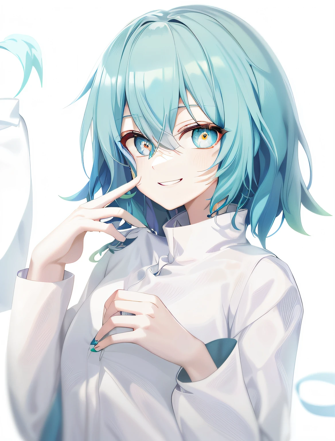 blue green hair、odd eye、（The pupil of the right eye is red:1.4）、(The pupil of the left eye is pale blue:1.3)、White background、Wearing a white blouse、Wearing a beige cardigan、Eyes without highlights、Evil look、Invincible smile、Dry smile、gloomy image