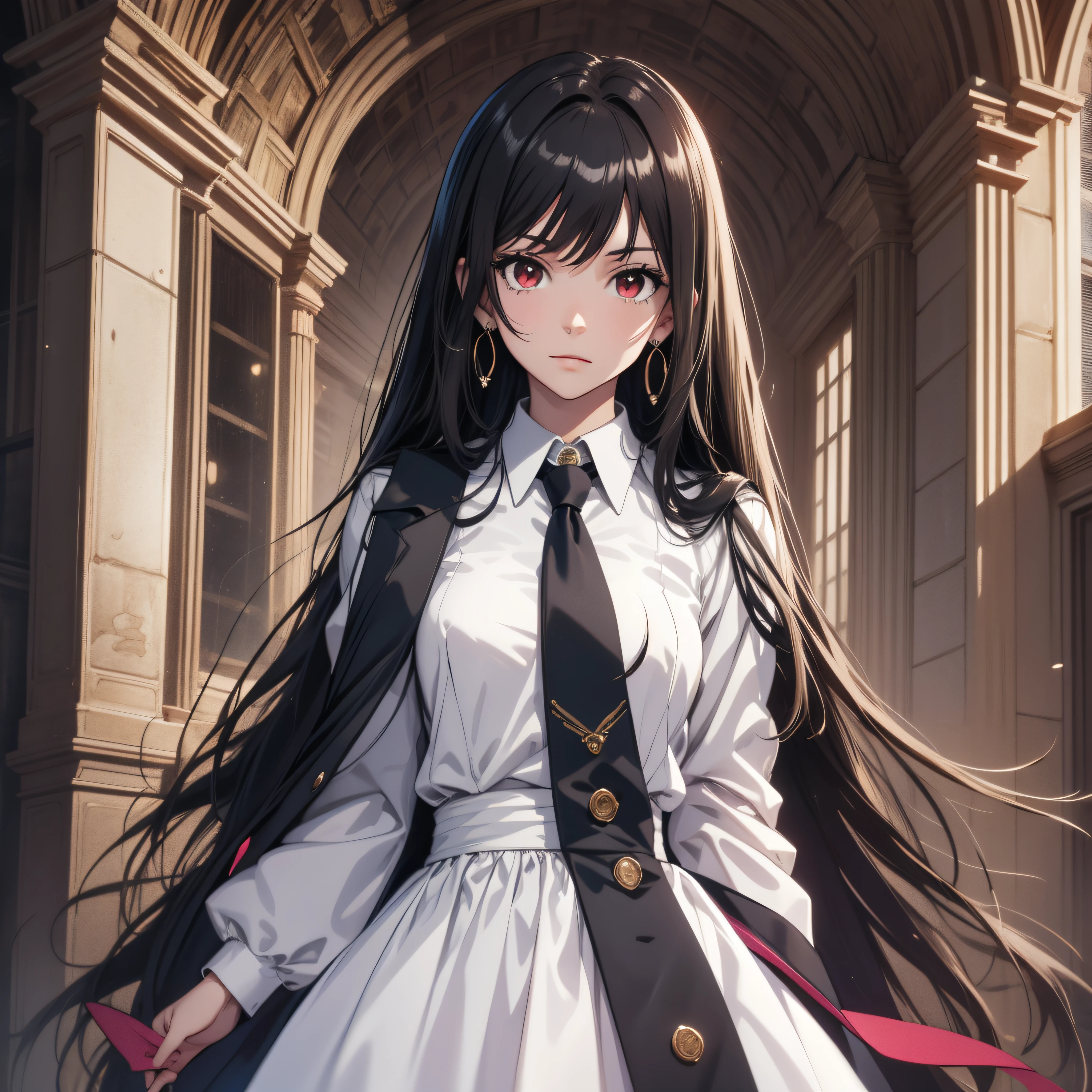 (best quality, masterpiece, ultra-detailed, extremely detailed, highres), (1girl, single, solo), 18 years old Anime girl, long raven hair, slightly wavy hair, parted bangs, Magus, red eyes, diamond earrings, long black coat, necktie, white shirt, black skirt, aristocrat, noble attire, beautiful, ethereal, elegant, prestigious, classic, royal building