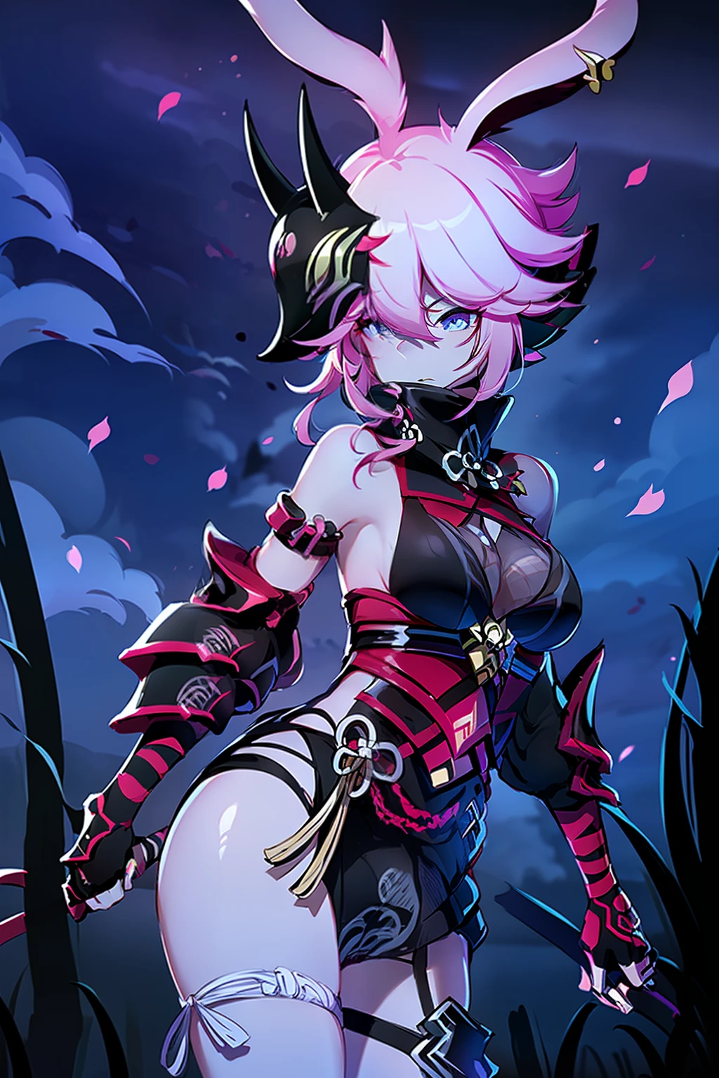 {{masterpiece, best quality, extremely detailed CG, unity 8k wallpaper,anatomically correct,ultra resolution}},Award-winning photography,(best illumination,Very Delicate and Beautiful),{1girl,solo},((yae_kasumi)),(extremely beautiful and detailed face:1.2), (extremely beautiful and detailed eyes:1.2),two fox ears,short hair,perfect hands,delicate legs,((mouth mask:1.5,black fingerless gloves,black boots)),looking at viewer,(assassinating:1.4),(crazy:1.4),dark persona,evil,((night, dark atmosphere, dark theme, scary atmosphere, darkness:1.5)),blood on face, blood on floor, blood on walls,dramatic shadows,(dimly lit:1.5),(blood mist,blood splash:1.4),cherry blossoms,depth of field,(extremely beautiful and detailed background:1.2),((cityscape:1.4,neon lights:1.45,skyline)),cherry blossoms, cloud, full moon, moon, moonlight, night sky, outdoors, petals, blood moon, cherry petals, sky, star sky, starry sky, {perfect human body structure with maximum precision}