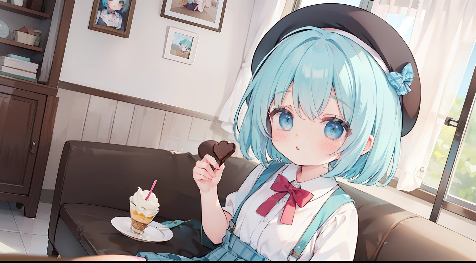 parfait、Sit up、One girl、lightblue hair、Brown Suspenders Skirt、plaid skirts、Brown Beret、bow ribbon、Medium Hair、Chocolate Mint Ice Cream、iced、eats、cute little