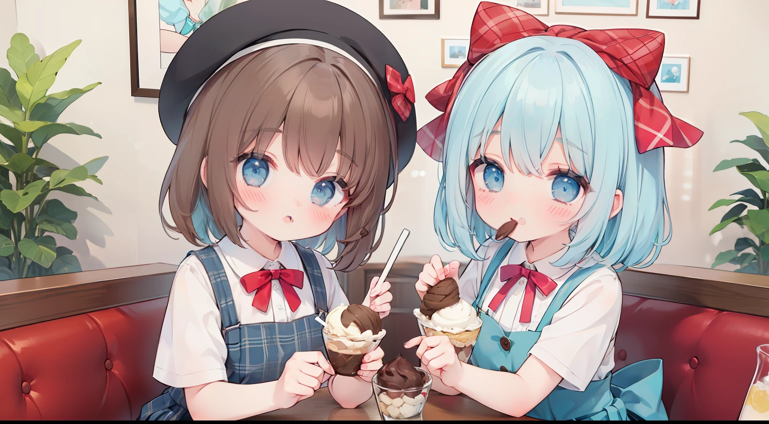 parfait、Sit up、One girl、lightblue hair、Brown Suspenders Skirt、plaid skirts、Brown Beret、bow ribbon、Medium Hair、Chocolate Mint Ice Cream、iced、eats、cute little
