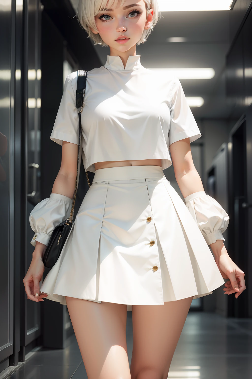 girl beautiful legs modern white clothes short hair short skirt melancholy