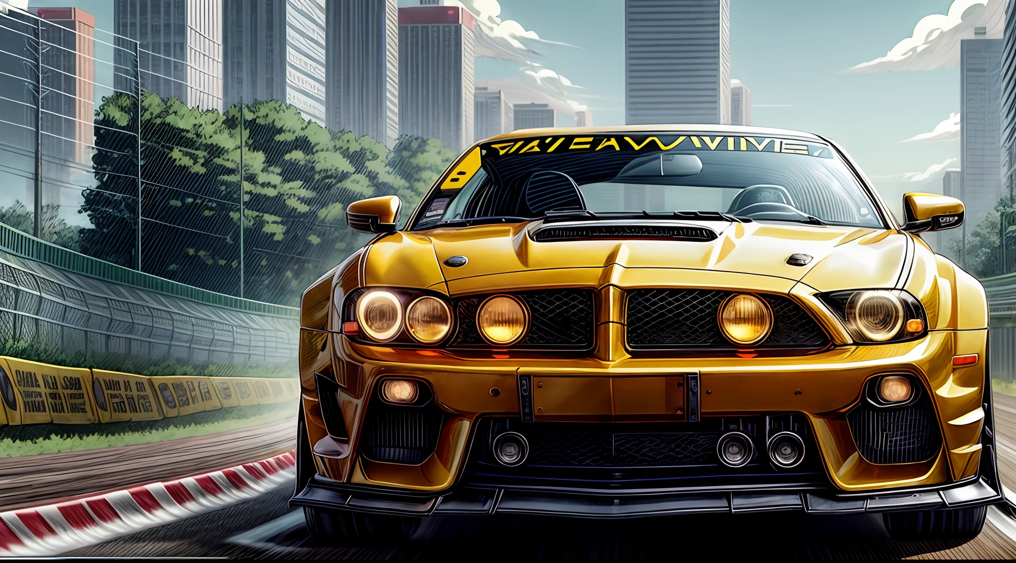 cartoon of a yellow car driving down a track with other cars, initial d anime 1 0 8 0 p, initial d anime, drawn like the anime speed racer, akira and bumblebee, wideshot, initial d anime screenshot, high quality wallpaper, background artwork, racing, high speed action, wipeout 2 0 4 8, high quality screenshot, jet set radio artwork