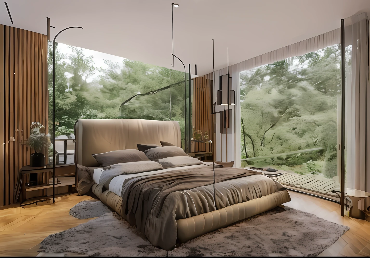 RAW photo,Masterpiece, high quality, best quality, authentic, super detail, interior, bedroom modern , (Modern minimalist lines:1.2),(decorative wall), glass windows, view to river, ((sunlight)), archdaily architecture, vivid colour (high detailed :1.2), 8k uhd, dslr, soft lighting, high quality, film grain, Fujifilm XT3