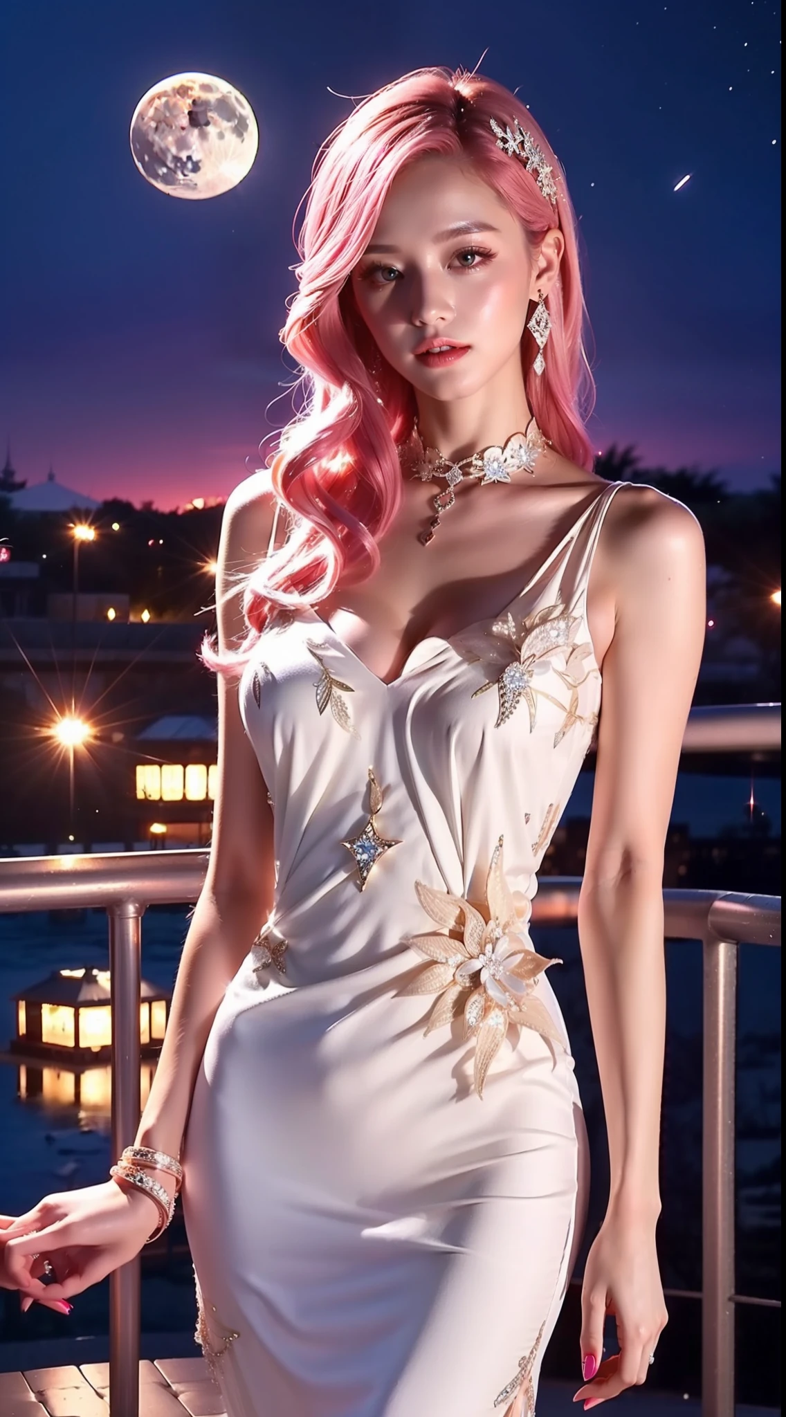 A pink-haired girl wearing a blue-and-white low-cut openwork evening dress covered with diamonds goes to the banquet,The sky is bright and the moon is high。