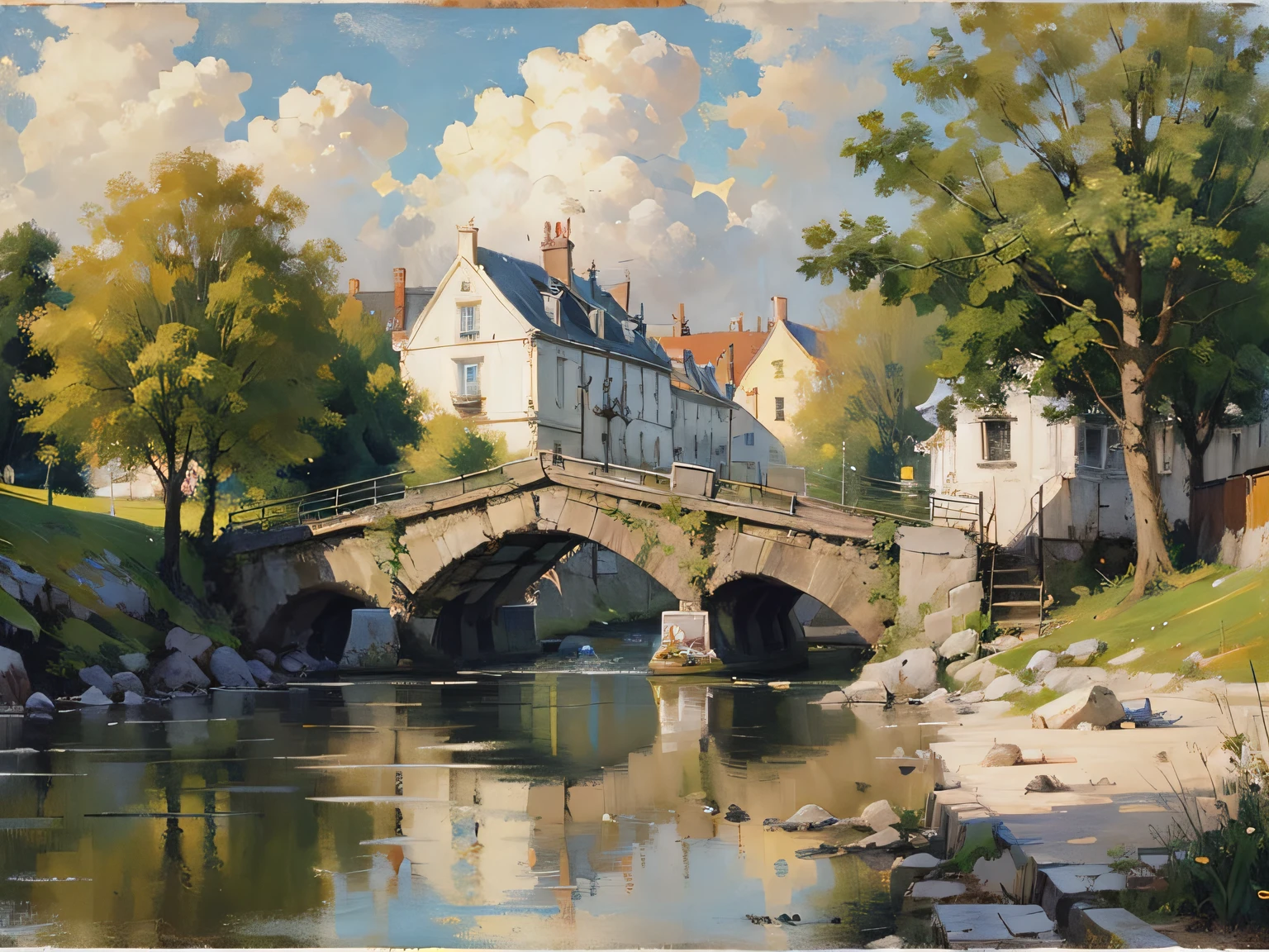 painting of a river with a bridge and a building in the background, by Pieter Franciscus Dierckx, by Carl Frederik von Breda, by Frits Thaulow, by Henri Harpignies, by Luigi Kasimir, by Eugène Brands, by Henri Biva, by Adolf Schrödter, by Ernest Biéler