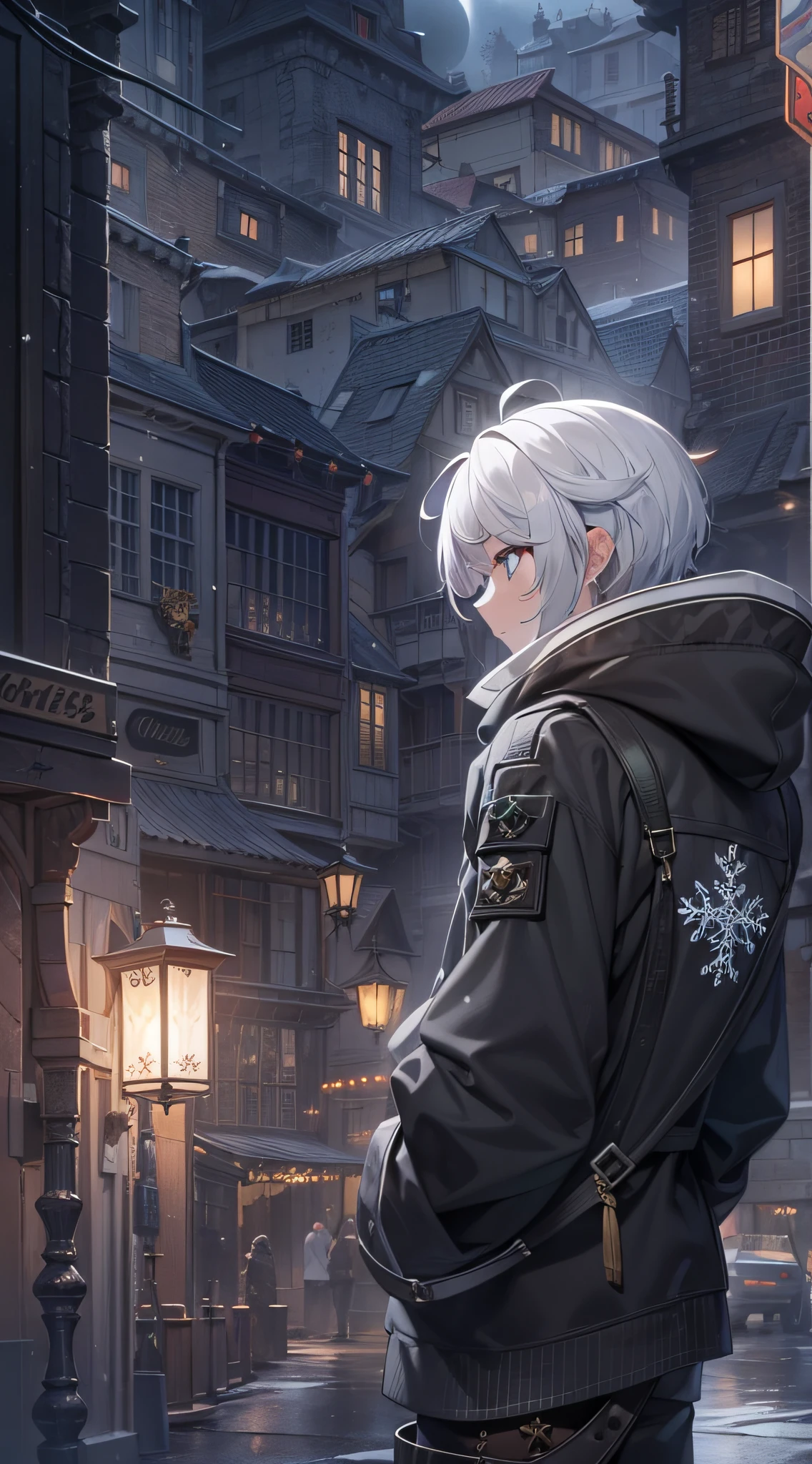 Medieval environment,Looking into the distance,full_moon,masterpiece,best quality,official art,extremely detailed CG unity 8k wallpaper,cityscape,boy,solo,short hair,white hair,ahoge,snowflake hair ornament,feather hair ornament,expressionless,grey eyes,simple black hoodie,steampunk,style of arknights,