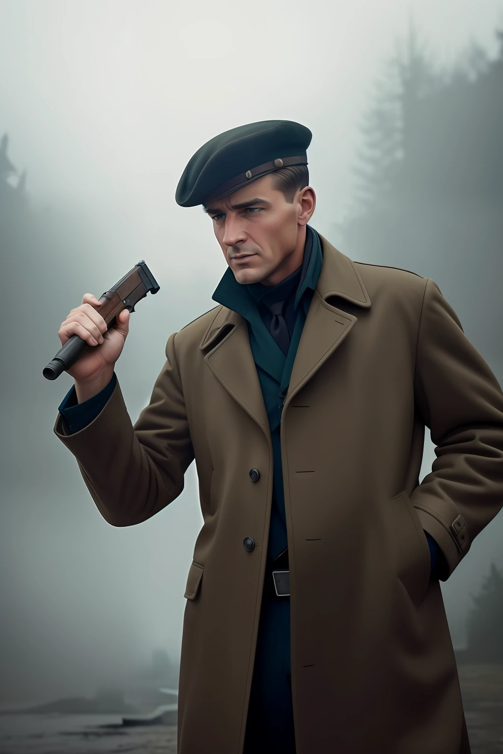 1953 year. An arm holding gun in his hand bent at the elbow. Shoulder, inexpensive coat. Frontal view. The situation is dangerous and serious. Colored. Misty atmosphere. Daytime lighting. An atmosphere of mystery and intrigue.