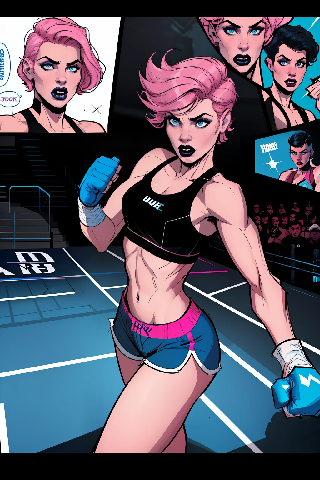punching someone, woman, inside collage boxing stadium, boxing ring, pale blue eyes, detailed short pink hair Short Side Comb haircut, scared expression, black lipstick, small tits, wearing a black sports bra, blue boxing shorts, blue boxing gloves, comic book style, flat shaded, prominent comic book outline linework