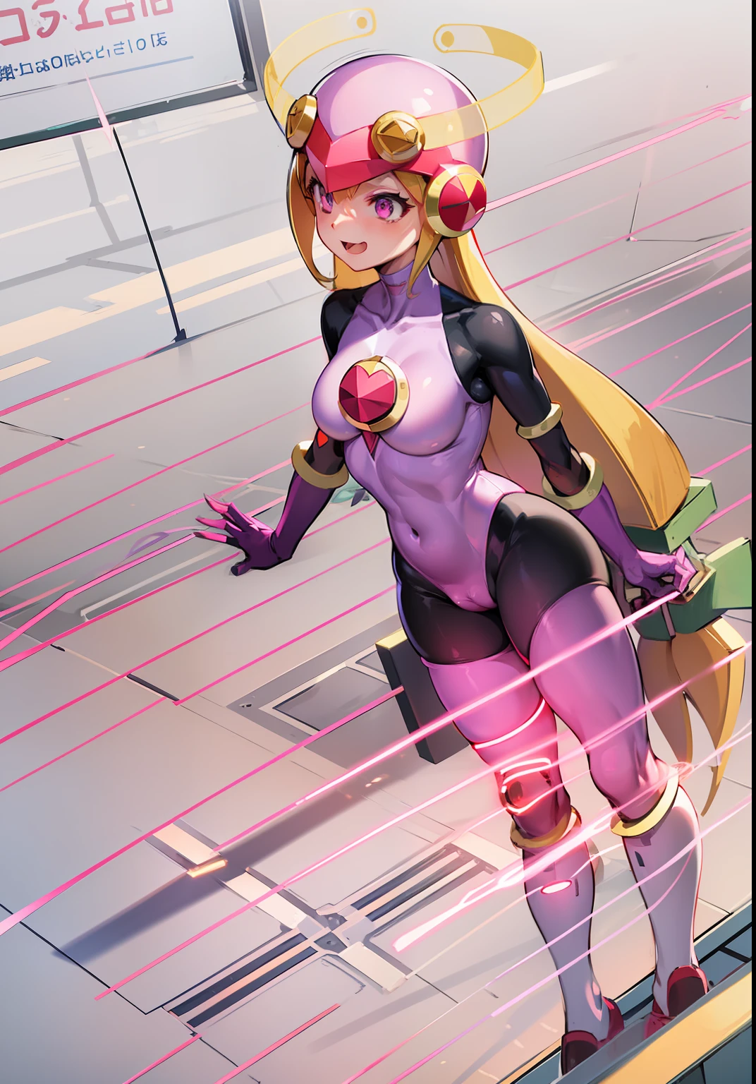 masutepiece,Best Quality,1girl in,roll_.exe_megamanbn,(helmets),Blonde hair,Long hair,Leotard,Pink eyes,Purple bodysuit,body suit,Eyes without light,moderate breast bulge,Thin laughter,Nails with sharp fingertips,Tied to a machine,glowing circuit background,Black lightning strike