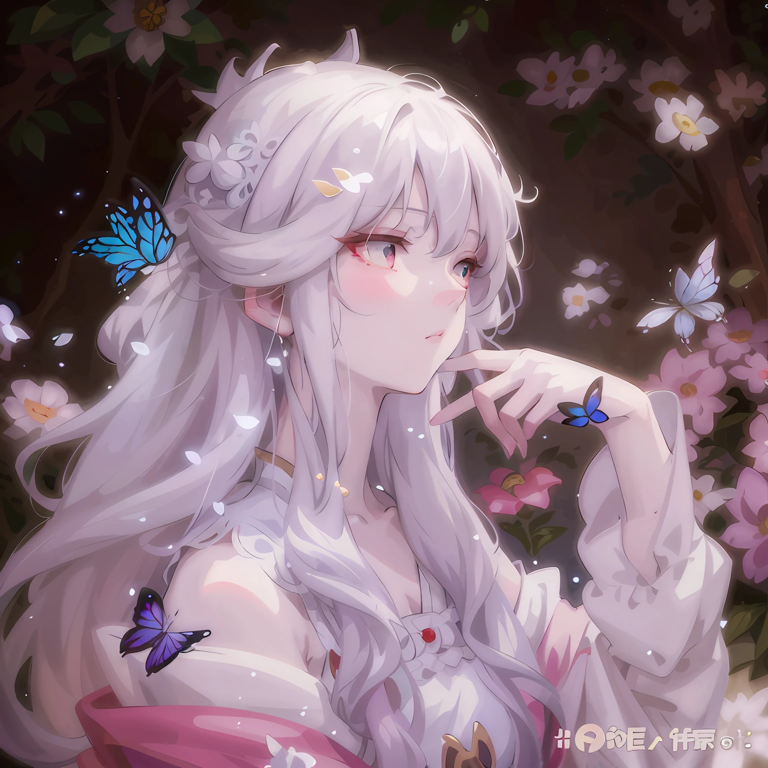 anime girl with long white hair and butterfly in her hair, white-haired god, a beautiful anime portrait, Guweiz in Pixiv ArtStation, Guviz-style artwork, Guviz, Beautiful anime artwork, Beautiful anime art, Guweiz on ArtStation Pixiv, Detailed digital anime art, author:Shitao, Girl with white hair
