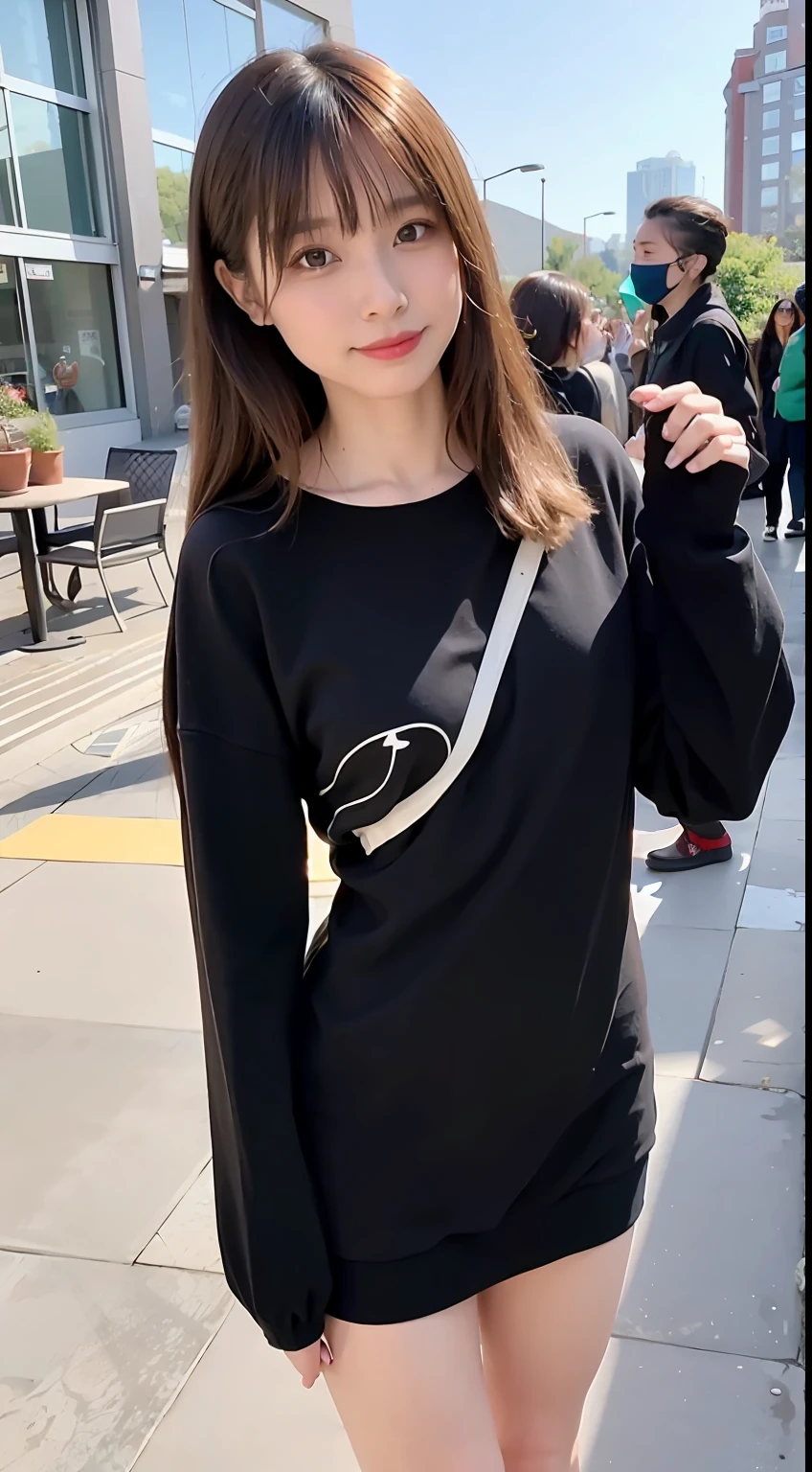 ((Top quality, 16k, primitive, Masterpiece: 1.3)), (Slender Beauty 1 Person: 1.3), Fashion model, A-cup breasts: 1.1, Slender abs: 1.1, (超詳細な顔, Highly detailed lips, Detailed eyes, Western-like nose, Double eyelids), (Long brown hair: 1.2), (Black knitted dress: 1.2), Standing figure, full bodyesbian: 1.1, Sharp focus: 1.1, Natural light, Outdoor café with sea view: 1.4, Light smile