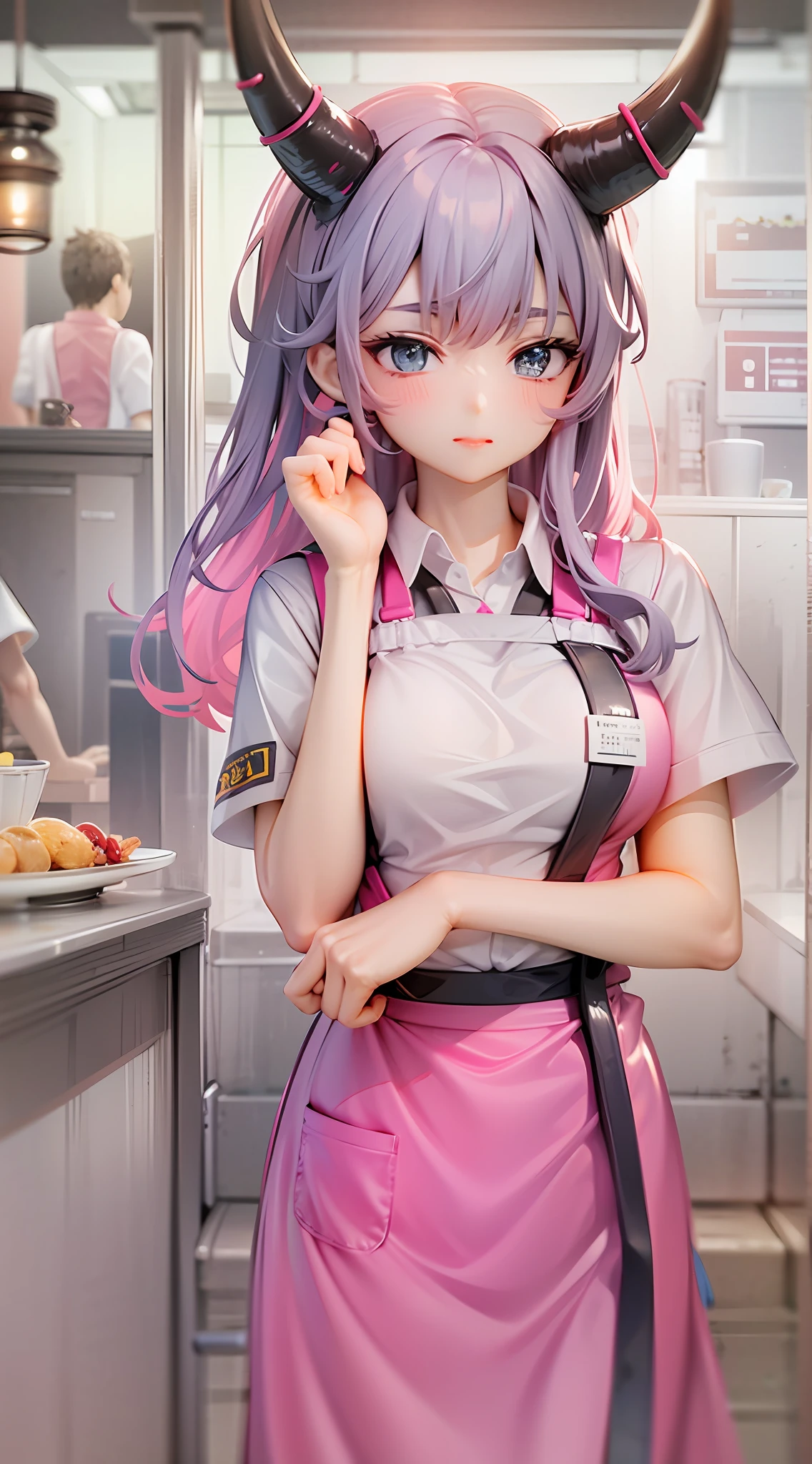1girl, beautiful eye, smile, oni horned girl, shy yet slightly annoyed expression, thin eyebrows, sleek and long oni horns without roughness, gray hair, straight, touching the ground, blunt bangs, blue eyes, (pink Family Restaurant Uniforms:1.2), (pink suspender skirt:1.4), (pink apron:1.2), (double-breasted, underbust:1.2), (pink skirt:1.3), (apron over pink skirt:1.3), (white shirt:1.2), button gap, short sleeves, nametag, blushing cheeks, slightly pouty lips, hands clenched in a slight fist by her side, background of a bustling family restaurant with customers chatting and dining, soft lighting from overhead fixtures, clean and polished tables and chairs, slight shadow cast by her figure, gentle wrinkles in the uniform as it fits her form, name written in a neat script on the nametag, pink hues dominating the scene complemented by the muted tones of the restaurant setting, aura of innocence and determination surrounding her, subtle glimmers of reflections on her apron and shirt buttons, light catching the simple yet elegant design of her oni horns, soft shading adding depth and volume to her hair, shoes peeking out from underneath her long hair, atmosphere of a typical day at work with a unique twist.