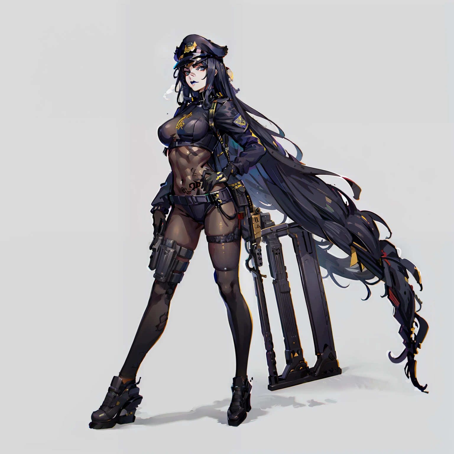 Full body shot, No background, White background, sexy police, Police Costumes, machine gun, tobacco, long hair, black lipstick, tattoos