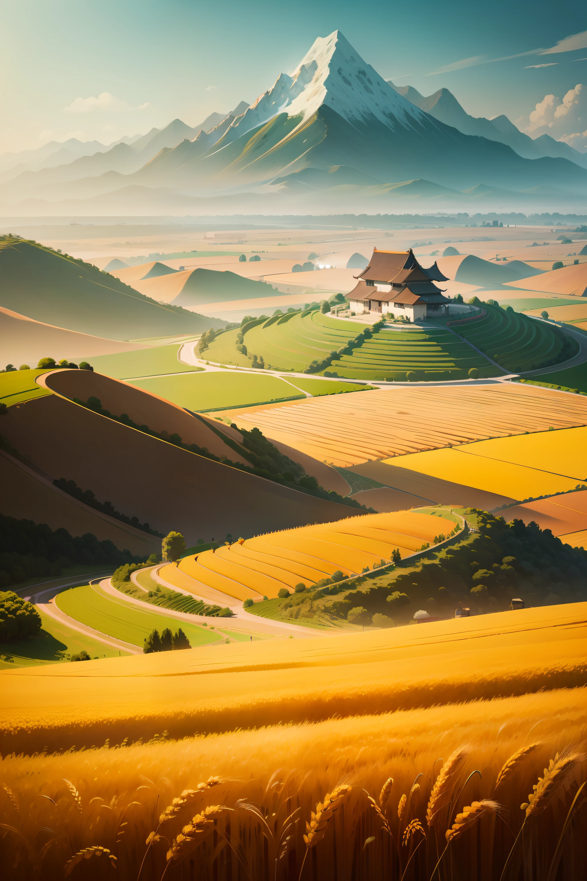Chinese farmland,wheat field,rios,Peasant labor,mountain in background,hand painted style,cartoonish style