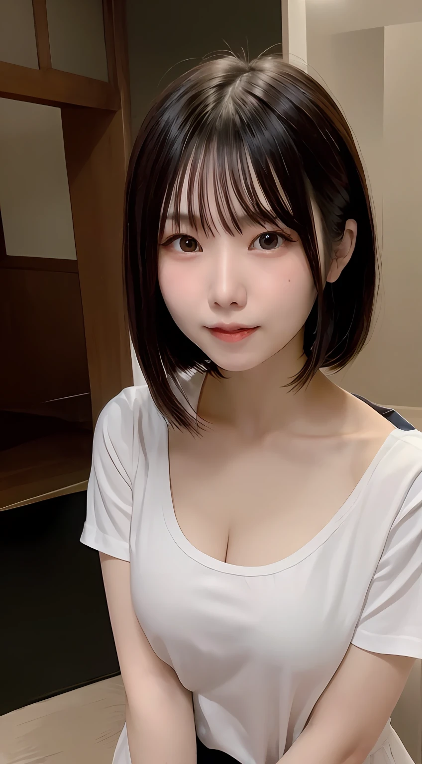 Asian woman in alafe wearing top, 奈良美智, girl cute-fine-face, With short hair, chiho, 2 7 years old, Japanese Models, sakimichan, young cute wan asian face, deayami kojima, cute - fine - face, the face of a beautiful Japanese girl、short-hair、florals、outside of house、off shoulders、Nurse、Nurse