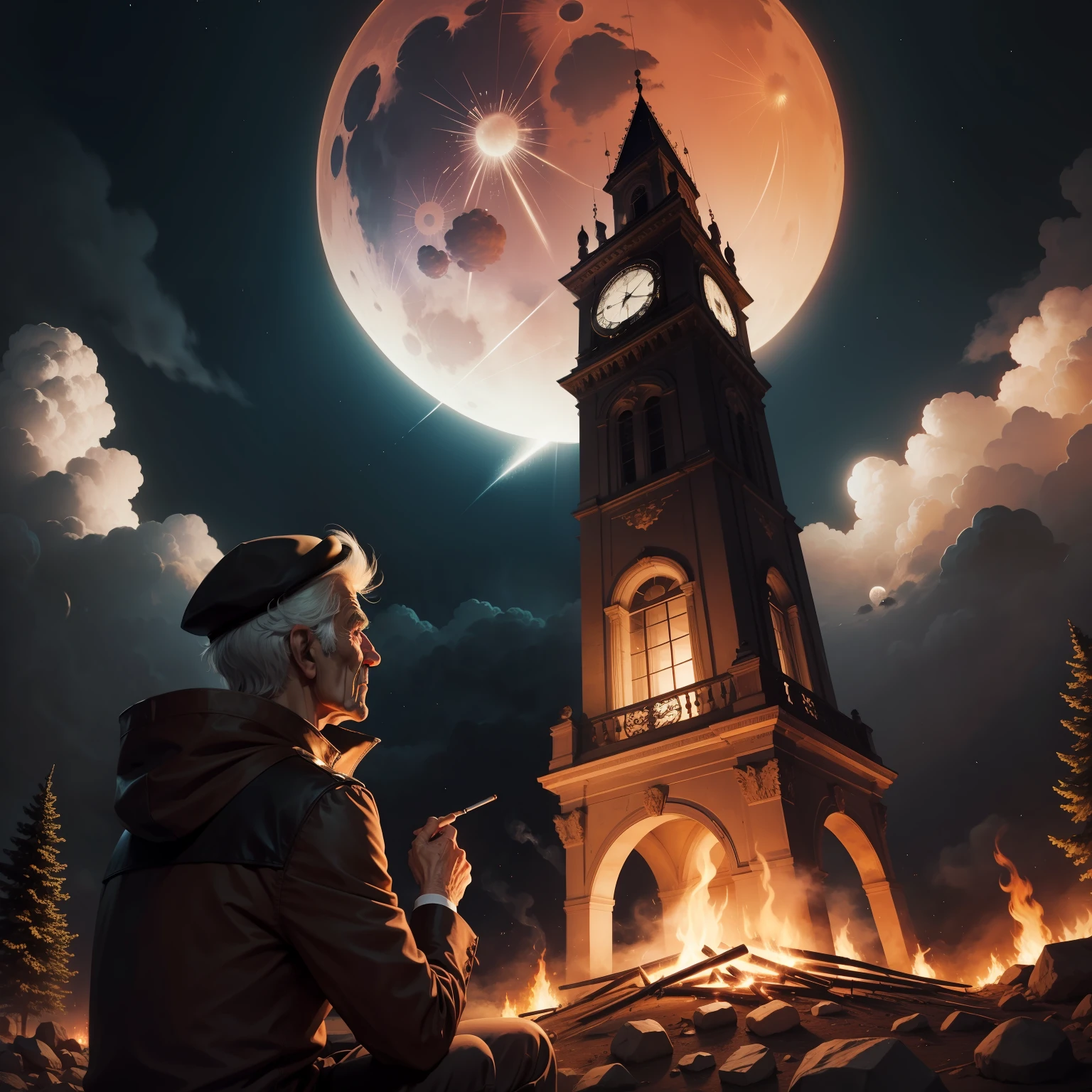 clock,mont,themoon,bonfires,meteors,An elderly man who smokes