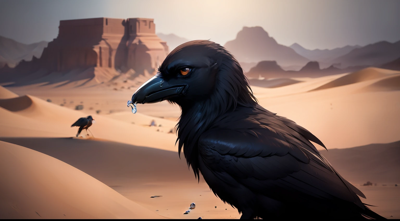 The crow has water in his mouth, In the desert