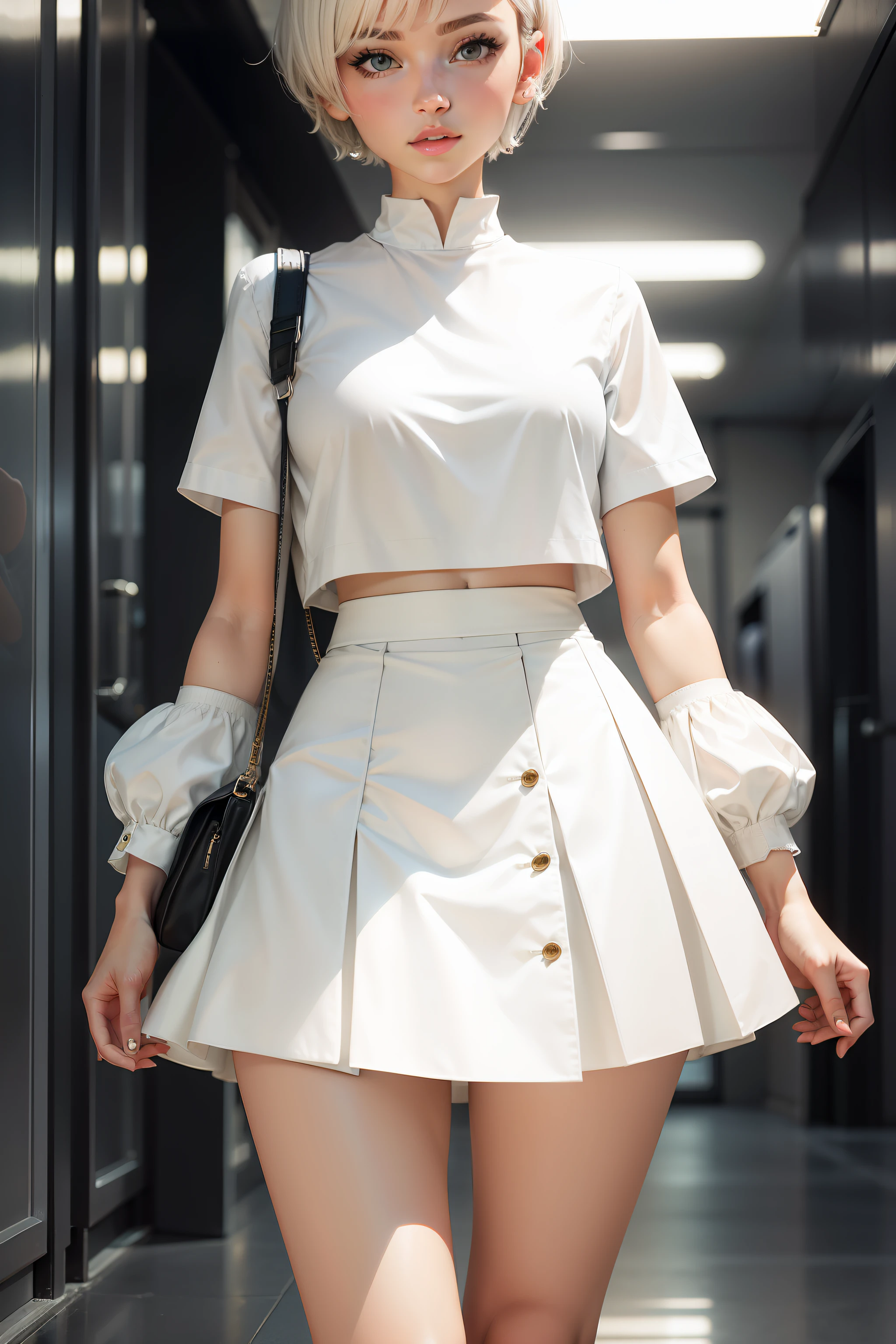 girl beautiful legs modern white clothes short hair short skirt melancholy