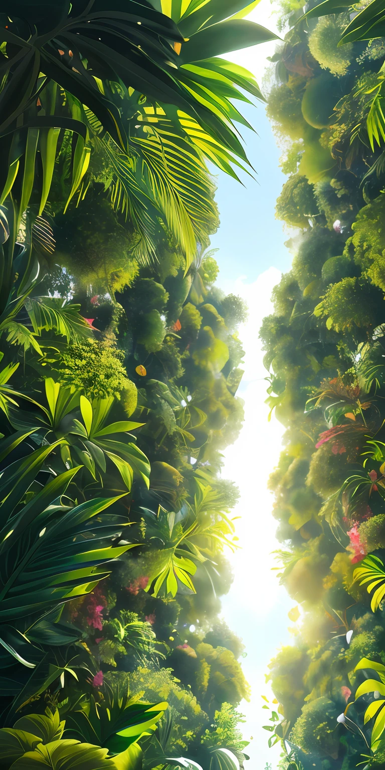 Digital illustration, Detailed and intricate, The dense jungle is full of exotic plants and animals, Sunlight shines through the canopy,Produces a mottled effect. In the style of Yoshitaka Amano and Hayao Miyazaki, Masterpiece, Proportional, Detailed, trending on artstationh, Beautiful lighting, Realistic, Intricate, Award-Awarded, 4K, Highest quality