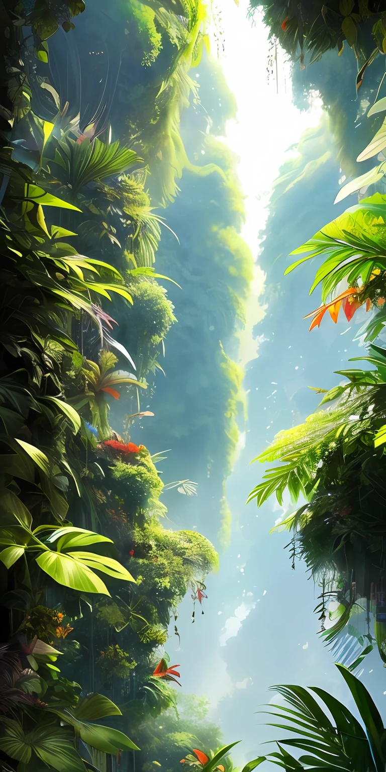 Digital illustration, Detailed and intricate, The dense jungle is full of exotic plants and animals, Sunlight shines through the canopy,Produces a mottled effect. In the style of Yoshitaka Amano and Hayao Miyazaki, Masterpiece, Proportional, Detailed, trending on artstationh, Beautiful lighting, Realistic, Intricate, Award-Awarded, 4K, Highest quality