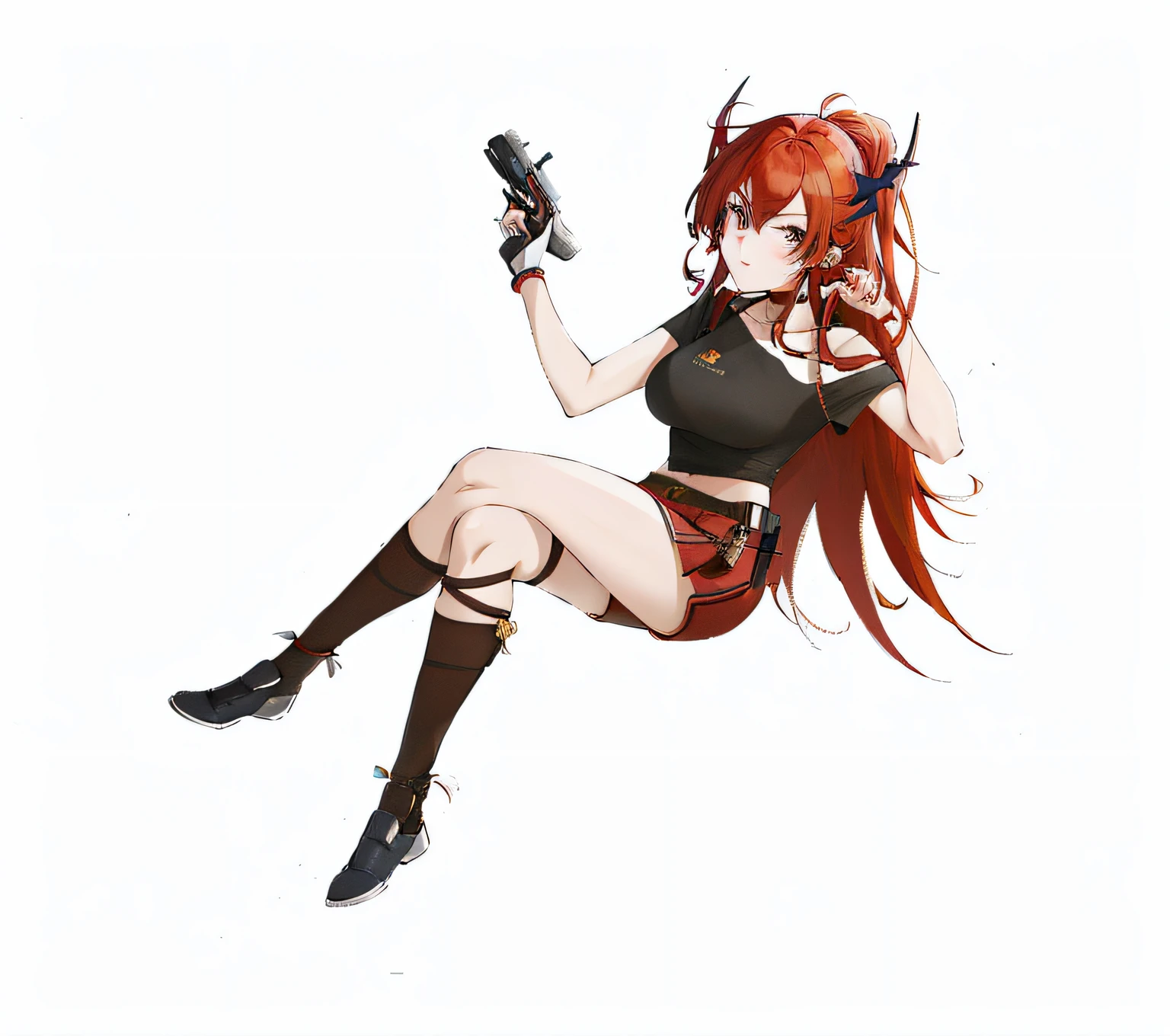 Anime girl with red hair and black top holding gun, Marin Kitagawa fanart, (Anime girl), Also, rei hiroe, she has red hair, render of april, With red hair, asuka, by Kamagurka, Female protagonist 👀 :8, demon anime girl, photoshoot poses, made with anime painter studio, mika kurai demon，Ark of Tomorrow Sturter