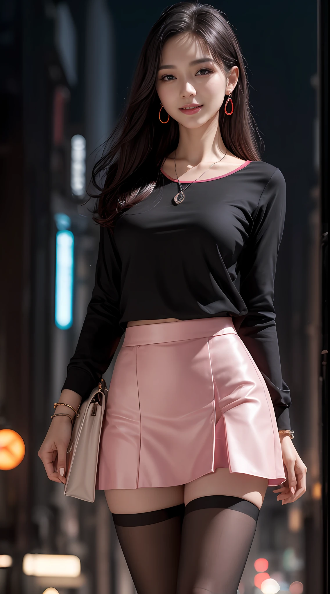 8k, masterpiece, RAW photo, best quality, photorealistic, extremely detailed CG unity 8k wallpaper, Depth of field, Cinematic Light, Lens Flare, Ray tracing, (extremely beautiful face, beautiful lips, beautiful eyes), intricate detail face, ((ultra detailed skin)) 1girl, in the dark, deep shadow, pretty korean girl, kpop idol,(very slim slender fit-muscled body:1.3), ((looking at viewer)),(big smile:1.3), (night, (neon sign), (blurry background), midnight, (without people in the background:1.3), pretty korean girl, white diamond earrings, bracelets, necklace, pantyhose, clear eyes, walking , front shot, (pale skin), (black hairs),face forward, (big eyes), full body shot, (see through blouse), (pink color blouse), ((black,red color skirt :1.3)), (looking at viewer:1.3), very slim, medium breasts, Hermes bag