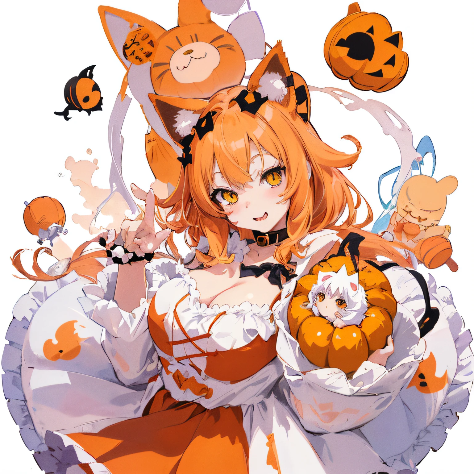 anime girl with a pumpkin and a cat costume, white cat girl, cute anime catgirl, loli, halloween art style, anime catgirl, anime girl with cat ears, beautiful anime catgirl, very beautiful anime cat girl, splash art anime loli, very beautiful cute catgirl, official fanart, anime monster girl, digital anime illustration