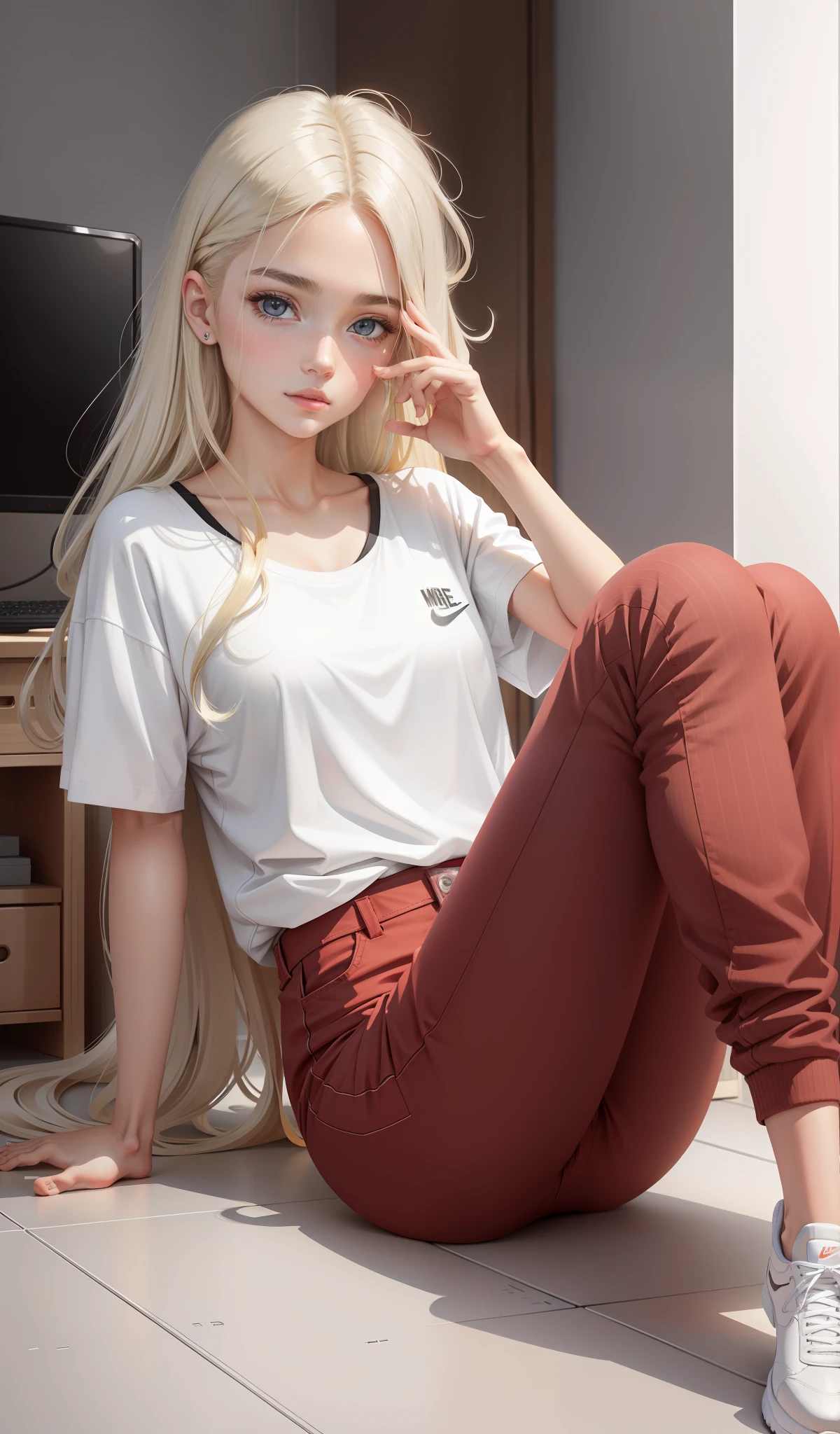 a woman in a white shirt and red pants is playing video game, simple style, wearing elegant casual clothes, muted red, simple clothes, milk and red style, casual clothing style, modern fashion outfit, wearing a fisher , casual modern clothing, inspo, red clothes, red pants, neutral tones, rred and white color scheme, casual business outfit, cute face, nike shoes, 17 years old, long hair, ((ashen blonde hair)) gleaming bright detailed grey eyes