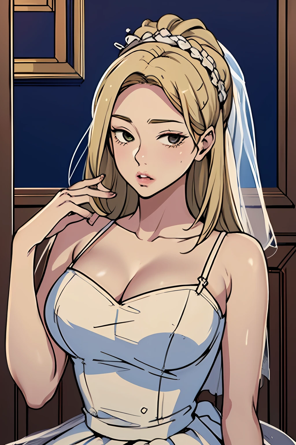 (obra maestra, calidad superior, mejor calidad, 1girl, cuerpo completo, de pie, arte oficial, Beautiful and Aesthetic: 1.2), extremadamente detallado ((Manhwa style))  Blonde hair, wedding dress, manhwa