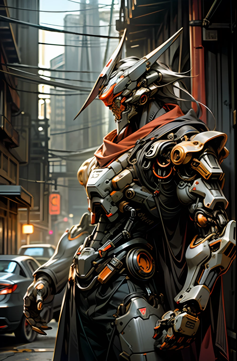 Dark_Fantasy,Cyberpunk,(chain saw,chain saw man,Red:1.1),1man,Mechanical marvel,Robotic presence,Cybernetic samurai, wearing a worn-out mech suit, intricate, (steel metal [rusty]), elegant, clear focus, shot by greg rutkowski, soft lighting, vibrant colors, masterpiece, ((street)), cowboy shot, dynamic pose,