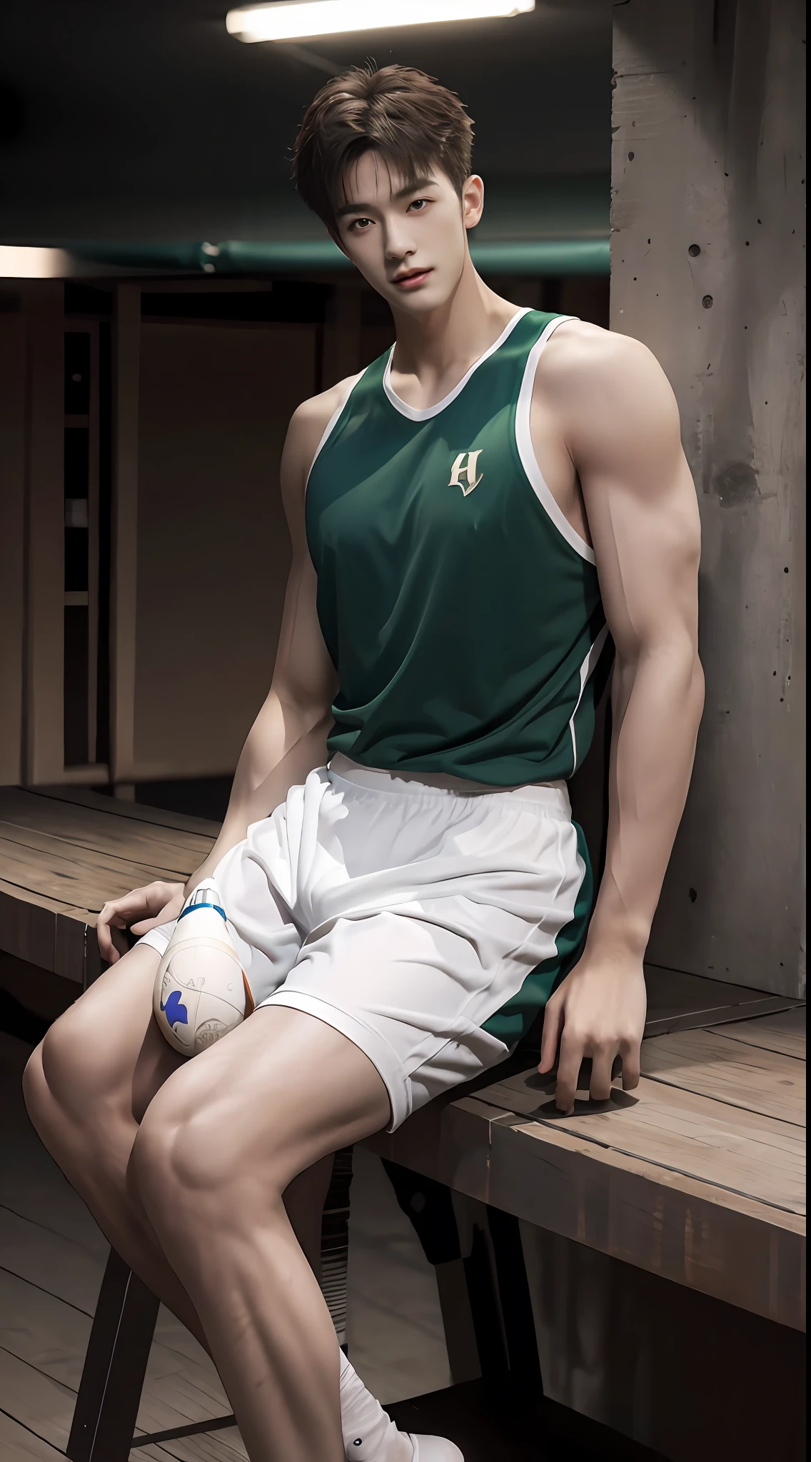（A lovely Shota：2），（Colored screen：1.2），solo person，（full bodyesbian：3），（Stay away from the lens：3），Expose your legs，（revealing the whole body：2），（Frontal heads-up view：1.2），malefocus，（looking at viewert），16 yaers old，（Tall：3），（Tall guy：2），Super tall，（Height 300 cm：2），Excellent body proportions，（1.The shoulders are 5 times wider：1.2），（Slender straight legs：2.5），Slender feet，small heads，musculous，（Lovely and pretty：2），（The face of an anime man），（Very detailed beautiful face and eyes：2），（Big bright eyes：1.2），Sharp eyeliner，Clear and beautiful face，，exhilarated，（Happy smile：2），short detailed hair，（Correct facial features），（tilts your head：1.5），（Men's green baseball uniform：2)，Short boxer panties，（Muscle firming：2），Strong，（Wide shoulders and narrow waist：2.2），Sports men's socks，Detailed muscle texture，Highlights muscle structure，On the rooftop，（sitting upright：4），（full length shoot），ultra-realistic realism, (Photorealistic detail), Incredible accuracy, lifelike textures, masterful technique, Jaw-dropping precision, artistic dedication，（anatomy correct），Good lighting，exquisite detailing，Best quality，stunning masterpiece，CG