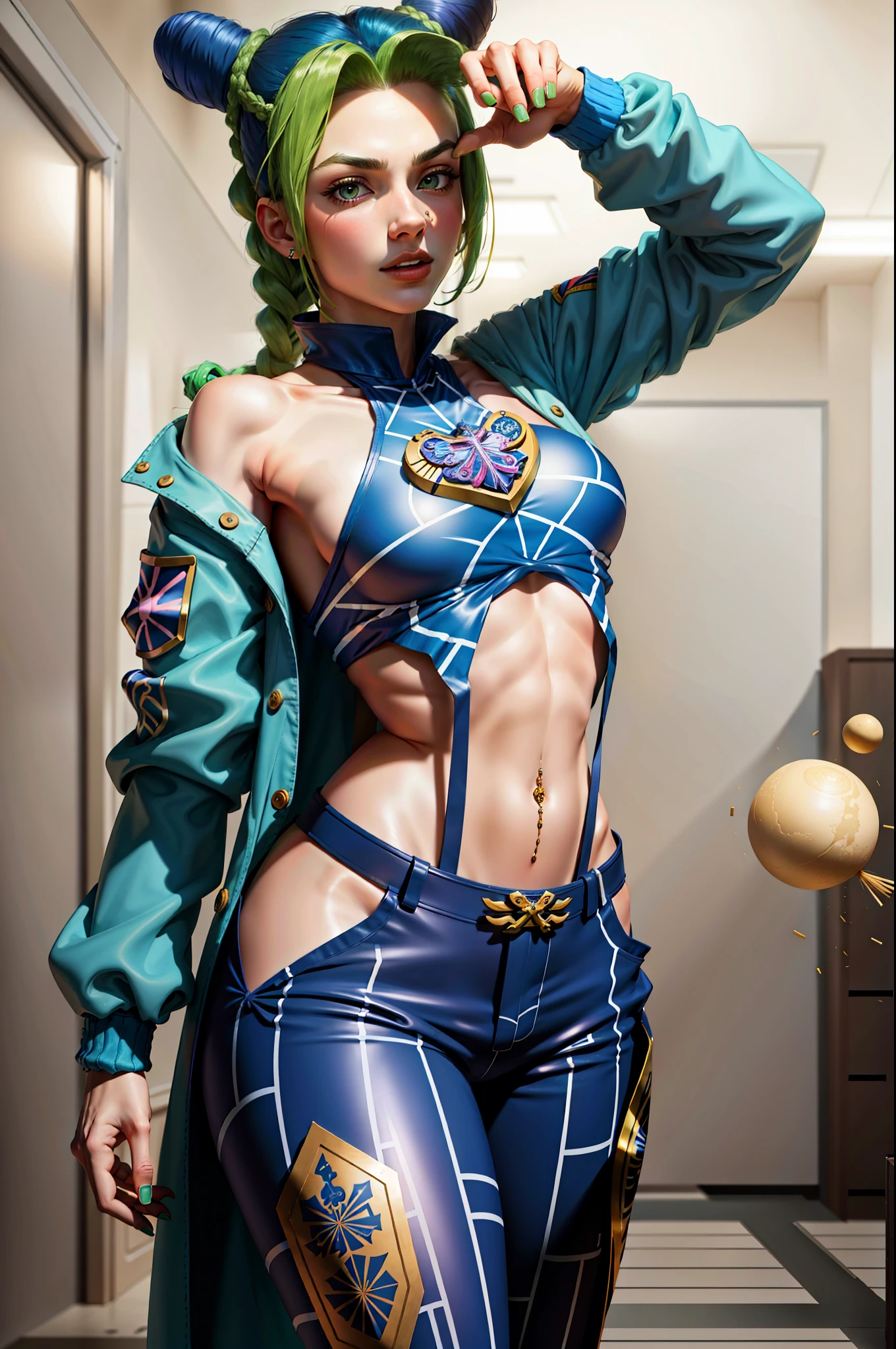 tmasterpiece， Best quality at best， 1girll， 独奏， der riese， der riese， （（（Towering over you））））， （full bodyesbian）， 1girll， Joleen Jojo， A half body， number art， tmasterpiece， Green and blue hair， croped， 无袖， wearing pants,Victory gesture