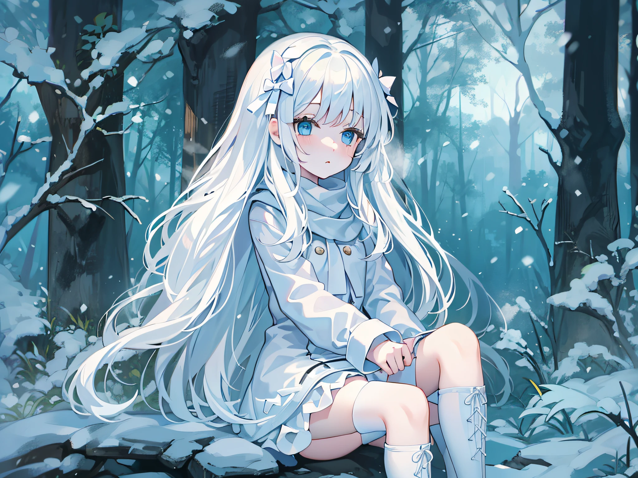 Light blue eyes，Princess cut，whaite hair，White thigh boots，White Gothololita，White over-the-knee stockings，white bows，Full body like，sweeping bangs，Semi-closed Eyes，Long white scarf，ln the forest，the night，at winter season， girl
Wait for it to start