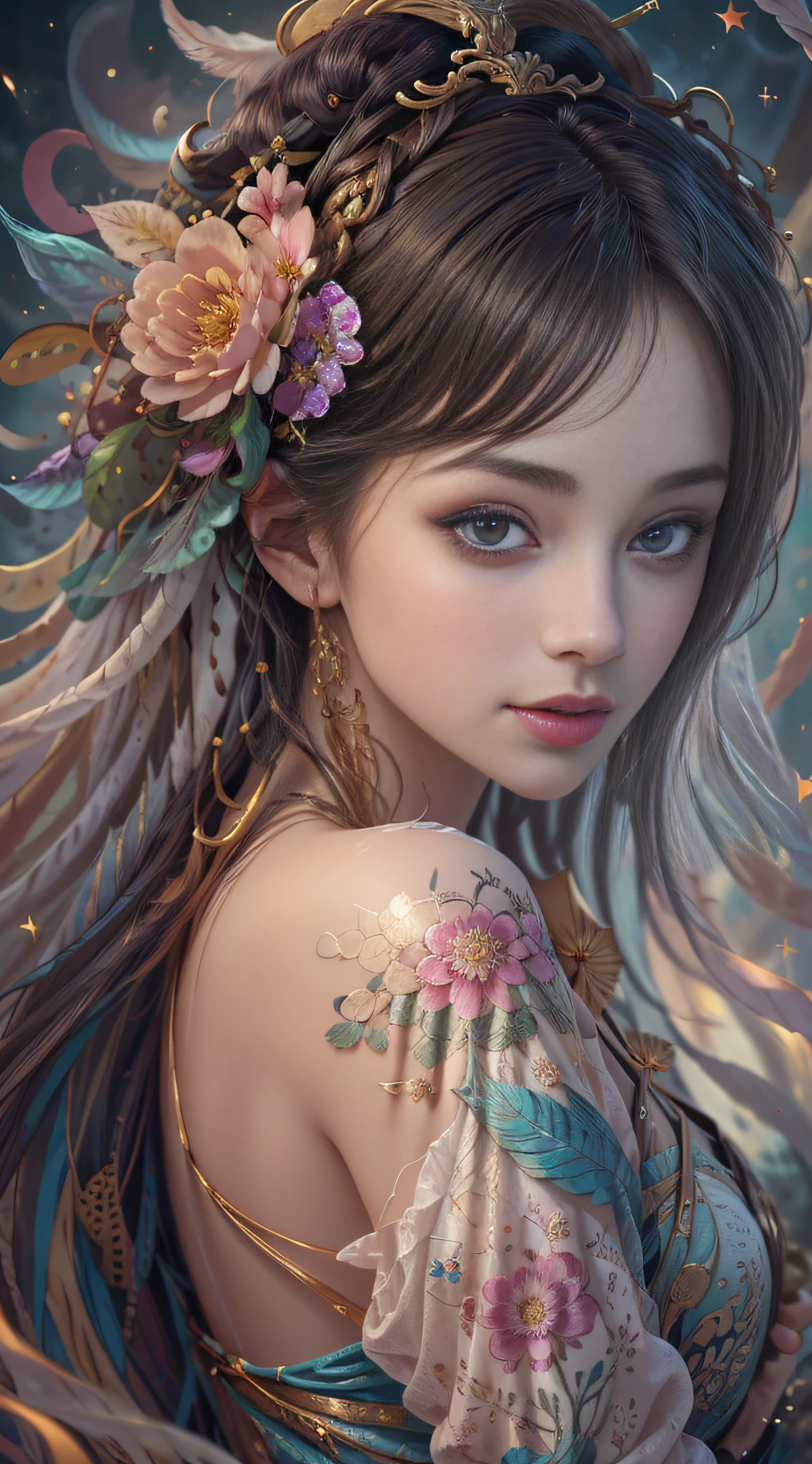 Er Jie, a girl with a smooth and dynamic posture, wearing a loose and flowing pink dress, with a mysterious expression and curly black pink hair, [Zhang Ziyi|Aishwarya Rai], bold and colorful abstract art in a modern and abstract environment, blurred background, bright lights, official art, Unity 8k wallpaper, (zentangle, mandala, tangled, tangled), intricate clothes, mid-style (whole body, from all directions, masterpiece, top quality, best quality, official art, Beauty and aesthetics: 1.2), very detailed, (fractal art: 1.1), (color: 1.1) (flowers: 1.3), highest detail, (zentangle: 1.2), (dynamic pose), (abstract background: 1.3), (shiny skin), (multiple colors: 1.4), (feathers: 1.5), dynamic angle, most beautiful chaotic forms, elegant, fauvist design, bright colors, romanticism, dark style beautiful princess of the underworld spooky bad smile complex tattoos Anime 3D Art Style 3D Dark Night Deep Black Sky Horror ((Cold Complex Skull Accessories )) (Guvez style artwork) ((Black Chinese-style underground palace with huge complex structure in background)) Leica lens Depth of field (Masterpiece, top quality, best quality, official art, Beauty and Aesthetics: 1.2), (1girl: 1.3), (Fractal Art: 1.3) (Masterpiece, Top Quality, Best Quality, Official Art, Beauty and Aesthetics: 1.2), (1girl), Extreme Detail, Colorful, Highest Detail, Official Art, Unified 8k Wallpaper, Ultra Detailed, Beautiful and Aesthetic, Beautiful, Masterpiece, Best Quality, (Zentangle, Mandala, Tangled, Entangle), Holy Light, Gold Leaf, Gold Foil Art, Glitter Drawing, PerfectNwsjMajic M Desfi masterpiece, the best quality, hair becomes fire, hair is on fire, fantasy, (Ray: 1.05), Orange Light Particles, Landscape, Fire, Beautiful and Detailed Explosion, Beautiful Detailed Glow, Flame Burning Around, Flame Burning Around, Fire Feather, Burning, (Burning Forest: 1.34), (Bare Trees: 1.05), Ash, (Red Sun: 1.05), (Flame Around Character: 1.1), Solo, Crazy Smile, (Detail: 1.05), High Resolution Illustration, Radiant Skin, Colorful, (Ultra Fine: 1.1), (Illustration: 1.05), (Detail Light: 1.05), (Extremely Delicate Beauty: 1.1), Beautiful Detail Girl, Depth of Field, white_long_hair, orange_eyes, eyelashes, dark eyelashes, eyeliner, soft glowing eyes, (masterpiece, top quality, best quality, official art, beauty and aesthetics: 1.2), (1girl: 1.3), very detailed, (fractal art: 1.1), (color: 1.1) (flowers: 1.3), most detailed, (zentangle: 1.2), (dynamic pose), ( abstract background:1.3), (shiny skin), (many colors:1.4), ,(earrings), (feathers:1.5), (flamethrower:1.3), red background, phoenix skirt, (masterpiece, top quality, best quality, official art, Beauty and Aesthetics: 1.2), (1girl: 1.3), (fractal art: 1.3), Masterpiece, (Best quality: 1.2), (Ultra Fine: 1.2), Illustration, (Extremely delicate and beautiful: 1.2), Cinematic angle, floating, (Beautiful detail eyes: 1.1), (Detail light: 1.1), Cinematic lighting, exquisite sky, woman, white hair, blue eyes, (high ponytail: 1.1), cape, glowing eyes, (moon: 1.2), (moonlight: 1.1), starry sky, (light particles: 1.1), fog, snow painting, sketching, blooming,anime girl in white dress with flowing hair and stars, Guvez style artwork, fantasy art style, beautiful digital artwork, beautiful character painting, Yang J, beautiful digital illustration, stunning digital illustration, 8k high quality detail art, li song, guvitz, digital fantasy art), beautiful fantasy art, trending on cgstation, (masterpiece, top quality, best, official art, beautiful and aesthetic, Long exposure: 1.2), smooth movement, charming pattern, 1 girl, (long skirt with sleeves: 1.3), upper body close-up, no shoulders, chinese girl, blush, black lob hair, portrait, solo, upper body, gaze observer, detailed background, detailed face, (crystallineAI, crystalline theme:1.1), elemental wood sprite, rotating leaves, controlling leaves, emerald clothes, dynamic pose, floating particles, Ethereal Power, Leaves, Steam, Forest in Background, Green Tones, Forest, Ethereal Atmosphere, Official Art, Unified 8k Wallpaper, Ultra Detailed, Beautiful and Aesthetic, Masterpiece, Best Quality, (Zentangle, Mandala, Tangled, Entangled), (Fractal Art: 1.3), 1girl, Very Detailed, Dynamic Angle, Cowboyshot, Most Beautiful Forms Chaotic, Elegant, Fauvist Design, Bright Colors, Romanticism, James Jean, Robbie Devi Antono, Ross Tran, Francis Bacon, Michal Mraz, Adrian Ganey, Petra Cortwright, Gerhard Richter, Takashi Yamamoto, Ashley Wood, atmospheric, ecstatic notes, flow notes visible, -V6 --q2 ---s750