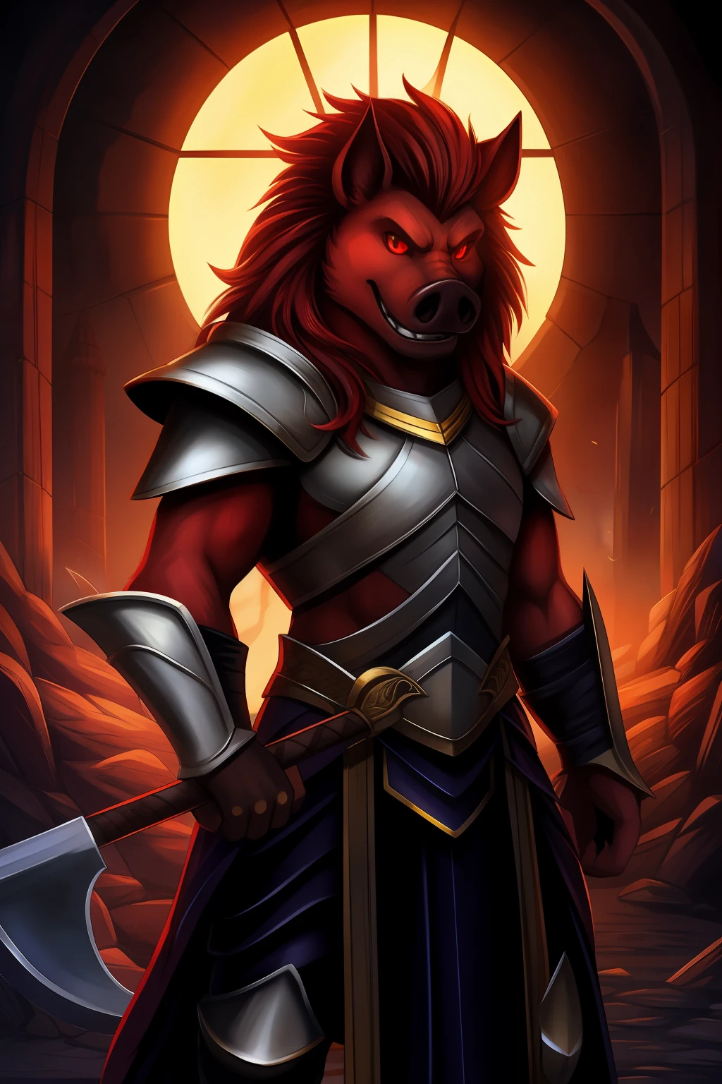 Black pig,Gothic Phoenix,Gold armor,bucktooth,giant axe,mane hair,red color eyes,The eyes glow red