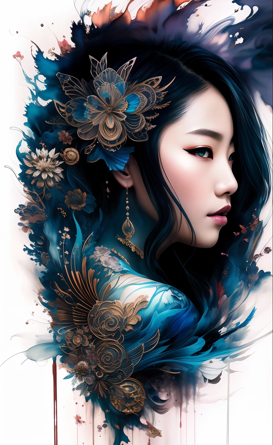Colorful beautiful asian woman: Black ink flow: 8k resolution photorealistic masterpiece: by Aaron Horkey and Jeremy Mann: intricately detailed fluid gouache painting: by Jean Baptiste Mongue: calligraphy: acrylic: watercolor art, professional photography, natural lighting, volumetric lighting maximalist photoillustration: by marton bobzert: 8k resolution concept art intricately detailed, complex, elegant, expansive, fantastical