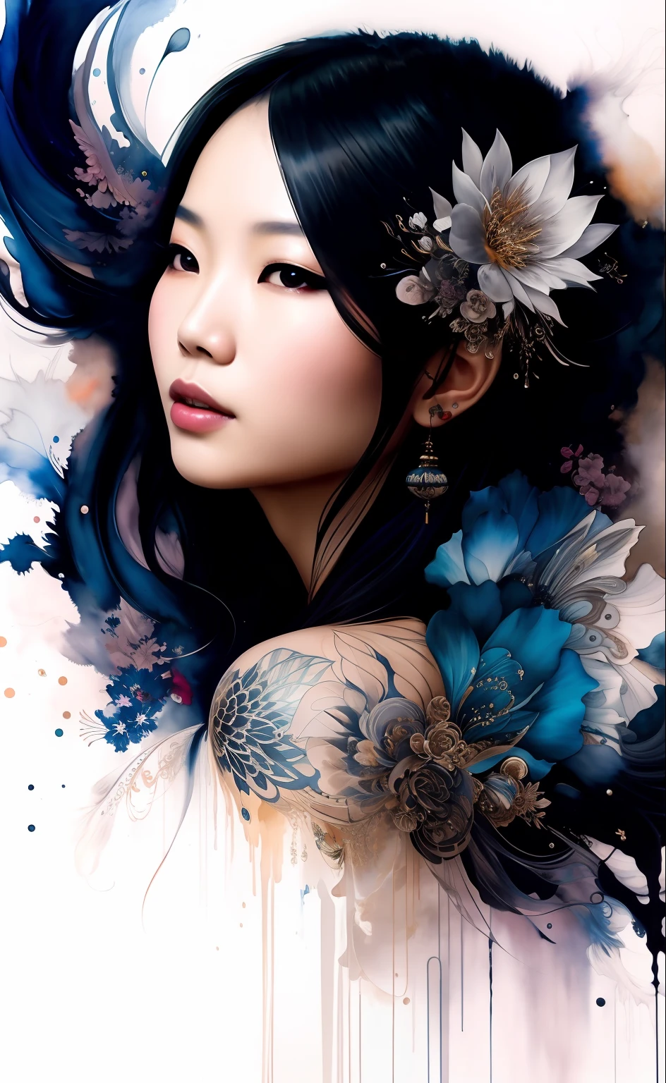 Colorful beautiful asian woman: Black ink flow: 8k resolution photorealistic masterpiece: by Aaron Horkey and Jeremy Mann: intricately detailed fluid gouache painting: by Jean Baptiste Mongue: calligraphy: acrylic: watercolor art, professional photography, natural lighting, volumetric lighting maximalist photoillustration: by marton bobzert: 8k resolution concept art intricately detailed, complex, elegant, expansive, fantastical
