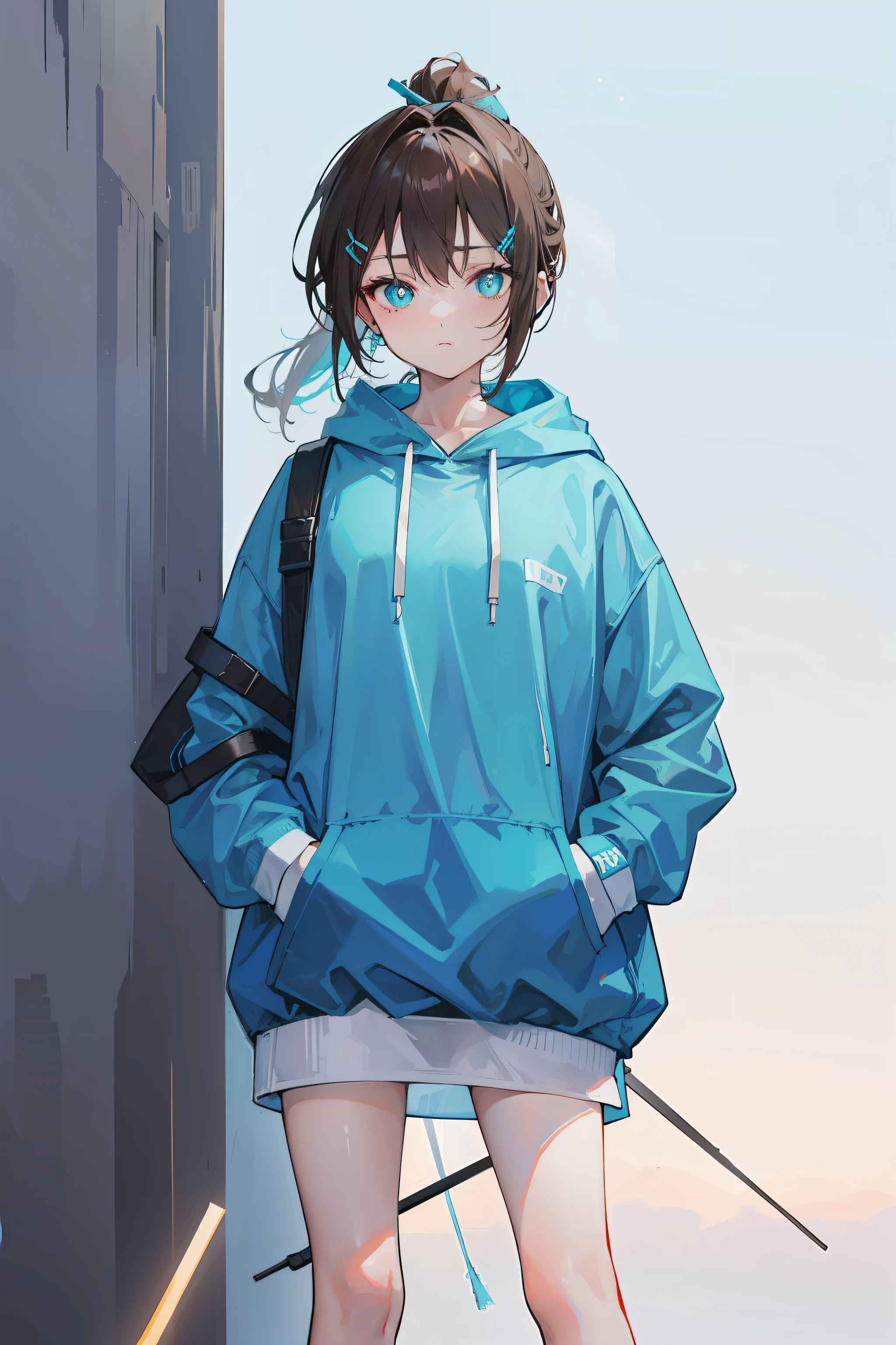 Cyan sweatshirt，hooding，with short brown hair，Bare legged，X-shaped hairpin，Light blue pupils，leg loops，Stick one hand in your pocket，Mare，Low ponytail