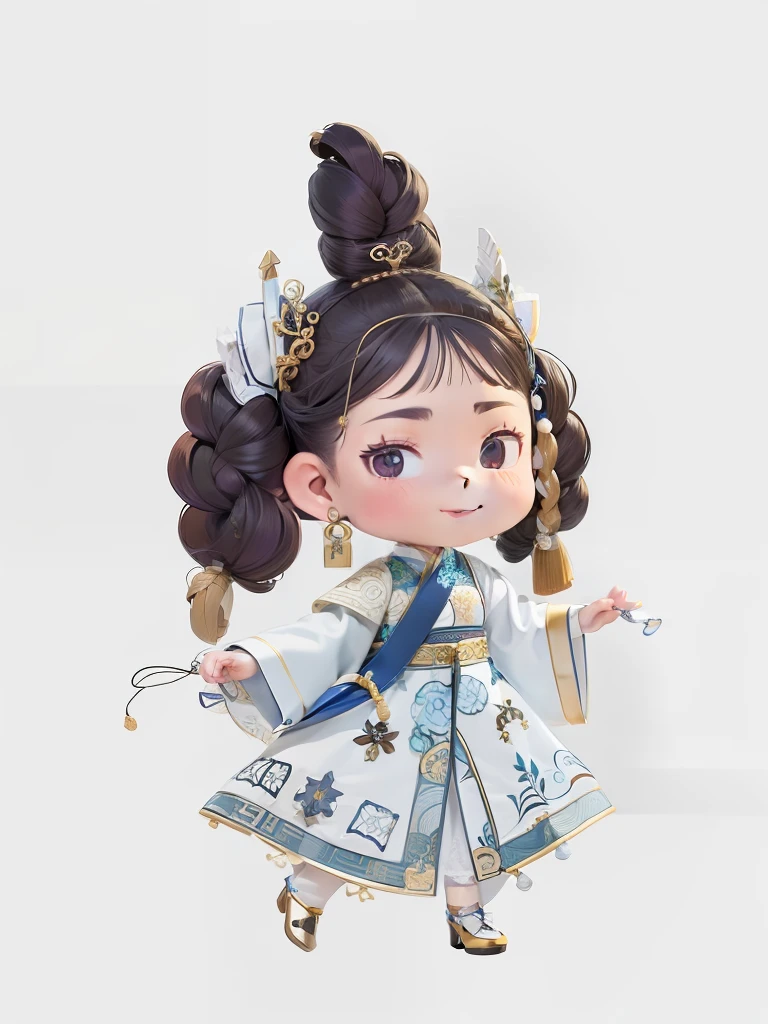 Miniature decent，ssmile，Coiled hair，1girll，adolable，Hanfu，China-style，Full body like，Dance，Rich expressions，white backgrounid，long eyelasher，dolls，Super detailed facial details，full bodyesbian，Dance，